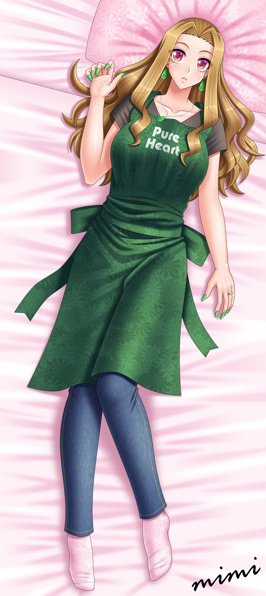 apron breasts brown_hair clothed_female digimon digimon_adventure:_last_evolution_kizuna jeans large_breasts mimi_tachikawa pink_eyes pink_socks