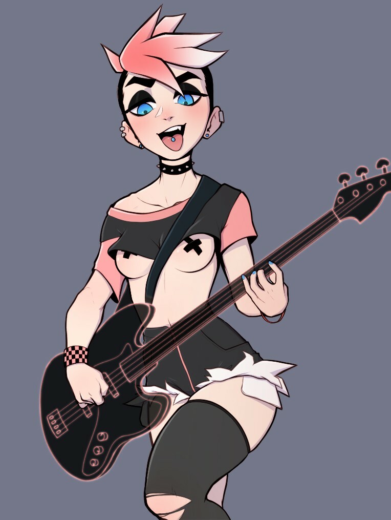 1girls, blue eyes, blush, breasts, casual, clothed, clothing, crop top, ear piercing, eyeshadow, female, grey background, guitar, human, musical instrument, neckwear, nipple tape, pale skin, pink hair, pudgeruffian, punk, side shave, small breasts, solo, tape, tongue, tongue out, tongue piercing, torn pantyhose, underboob, wristband, wristwear