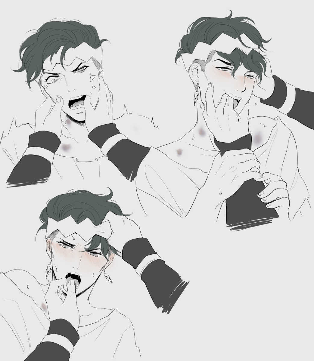 angry annoyed biting_finger blush bruise cheek_pinch diamond_is_unbreakable fingers_in_mouth first_person_view gay hickey holding_arm holding_tongue jojo's_bizarre_adventure josuke_higashikata pinching_cheek pov rohan_kishibe saliva