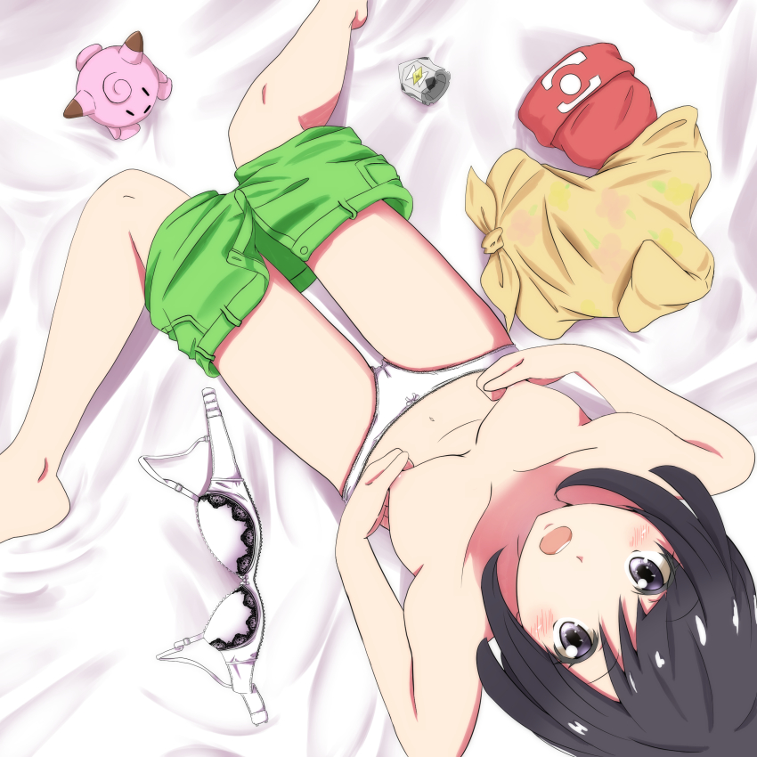 1girls black_hair bow_panties bra breasts character_doll clothes_removed clothing female from_above grey_eyes knees_together_feet_apart legs_together looking_at_viewer matching_underwear medium_breasts negimiso1989 nintendo nipple_pinch nipples open_mouth panties pokemon pokemon_sm purple_eyes selene_(pokemon) short_hair sitting solo topless underwear white_bra white_panties