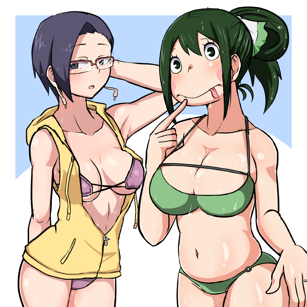 2girls beru_asui bikini blush breasts cleavage finger_to_mouth fire_breath01 glasses green_bikini green_hair hand_behind_head jacket large_breasts looking_at_viewer mika_jiro milf my_hero_academia navel petite purple_bikini purple_hair short_hair simple_background standing thick_thighs tongue_out unzipped yellow_jacket