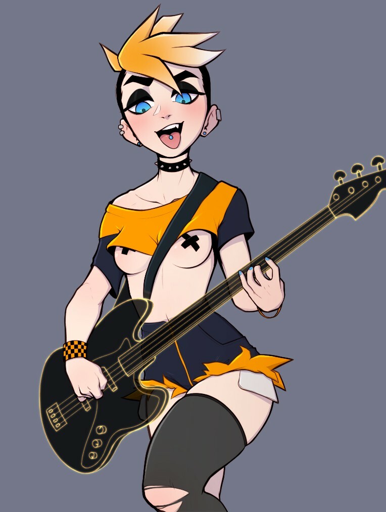 1girls, blue eyes, blush, breasts, casual, clothed, clothing, crop top, ear piercing, electric guitar, eyeshadow, female, grey background, guitar, human, musical instrument, nipple tape, orange hair, pale skin, pudgeruffian, punk, side shave, small breasts, solo, tape, taped nipples, tongue, tongue out, tongue piercing, torn pantyhose, underboob, wristband