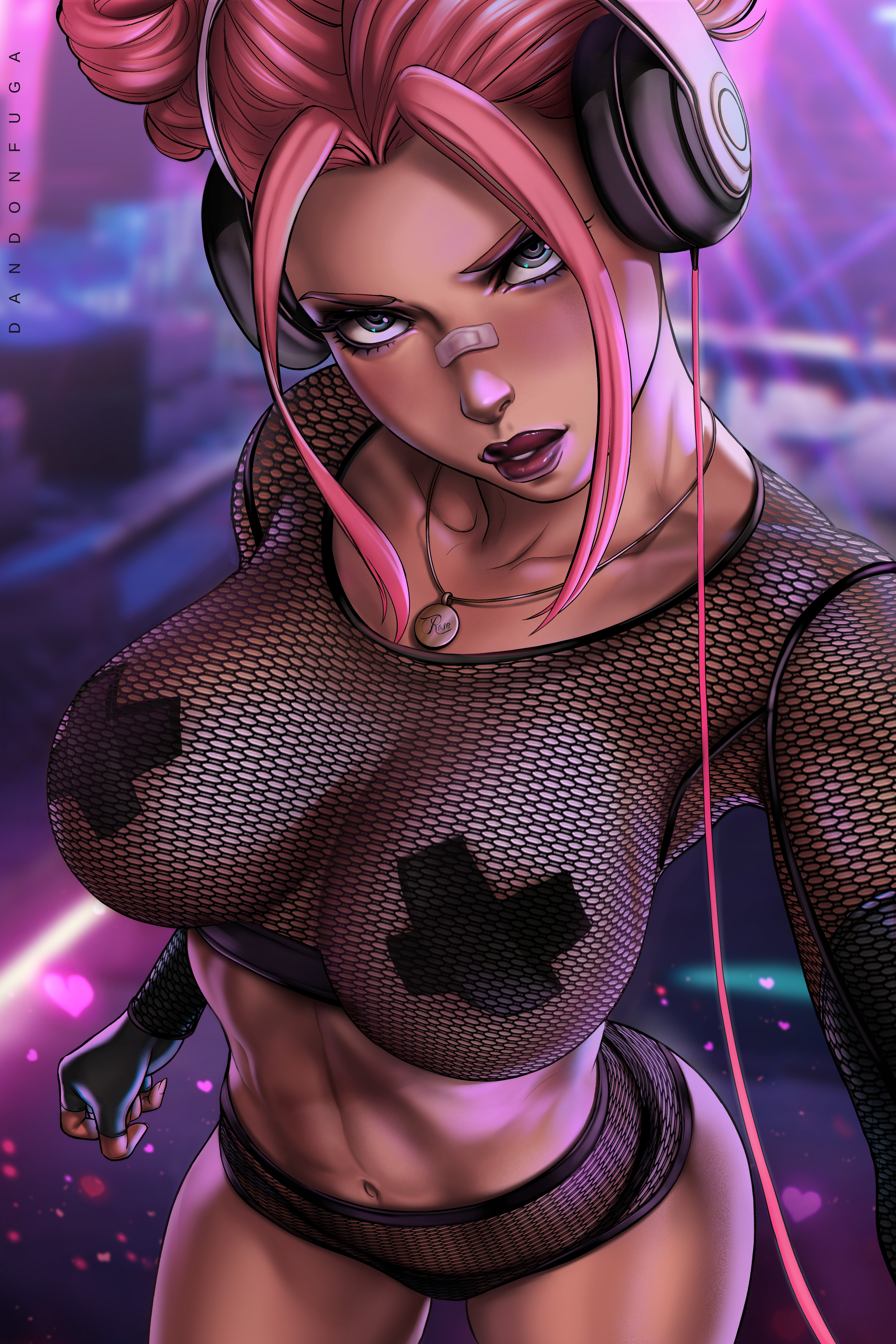 1girls, big breasts, blue eyes, breasts, bubble (dandon fuga), clothed, clothing, dandon fuga, dark skin, dark-skinned female, female, fishnet shirt, fishnet underwear, headphones, large breasts, looking at viewer, necklace, original, pasties, pink hair, see-through clothing, solo, taped nipples, toned, toned female, underwear