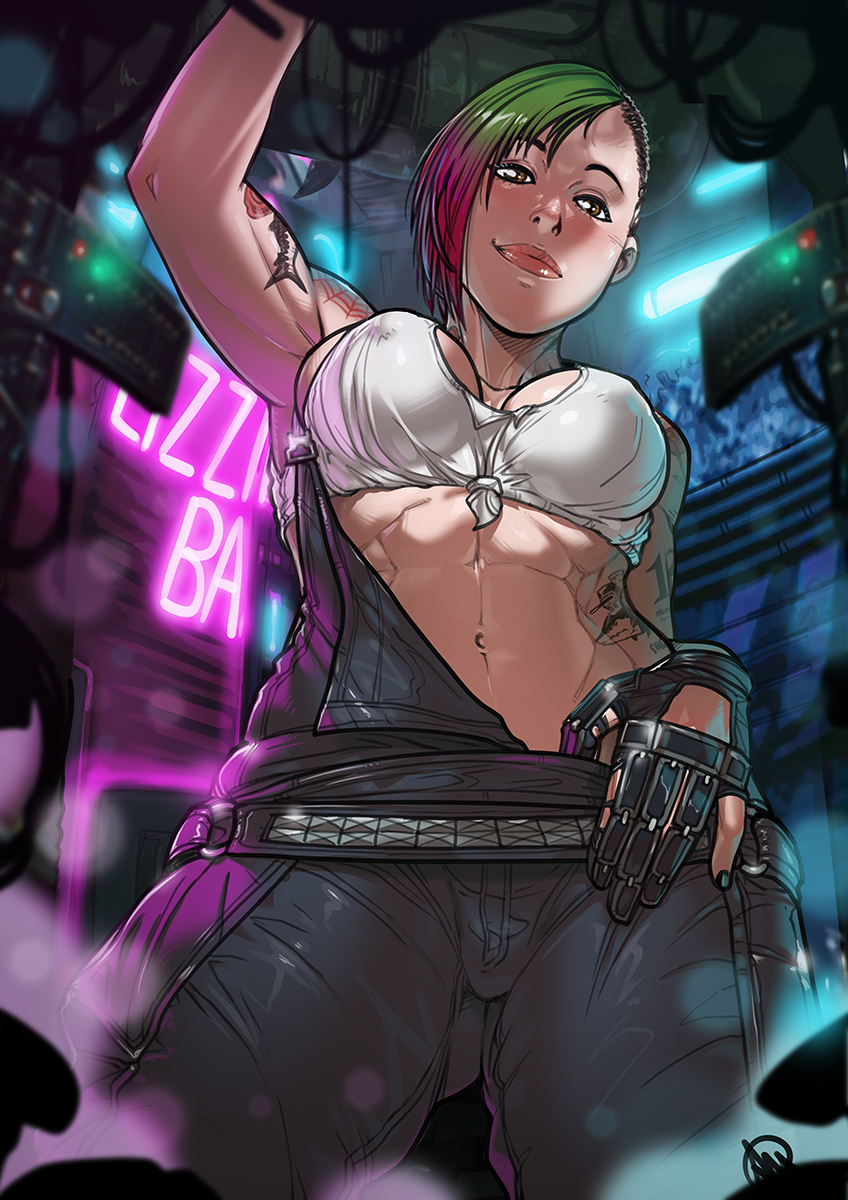 1girls 2020 alternate_breast_size cd_projekt_red cybernetics cyberpunk_(series) cyberpunk_2077 dungarees female_focus female_only ganassa hourglass_figure judy_alvarez large_breasts lesbian lizzie's_bar nipple_bulge overalls tattoo the_mox two_tone_hair