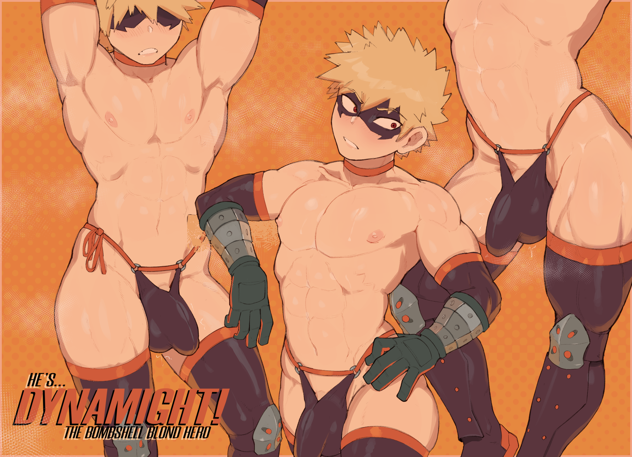 1boy, abs, ambush (trap), bakugou katsuki, balls, balls in panties, blonde hair, bulge, cheesecrumbles, crossdressing, crossdressing male, dynamight, embarrassed, femboy, femboy only, feminine male, gay, gay male, girly, gloves, katsuki bakugou, male, male focus, male only, mask, mostly nude, muscular, muscular male, my hero academia, pecs, smell, solo, solo focus, sweat, sweaty, thigh highs, thighhighs, thong, yaoi