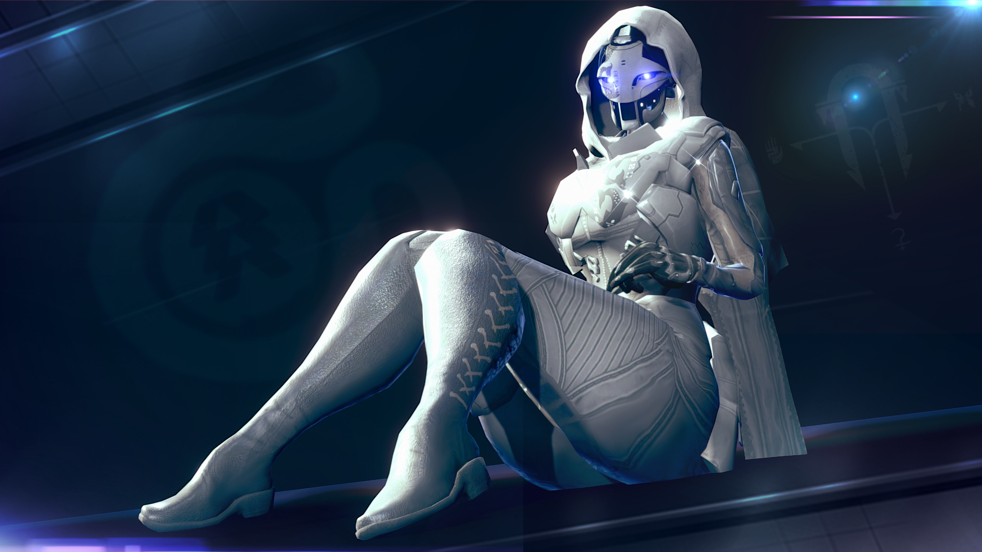 3d, 3d (artwork), ada-1, armor, ass, boots, bungie, cloak, curvaceous, curvy female, curvy hips, destiny (game), exo, female, gloves, laying, leather, legs, looking at viewer, robot, robot girl, robot humanoid, sitting, sonicfreak, thick thighs, thighs