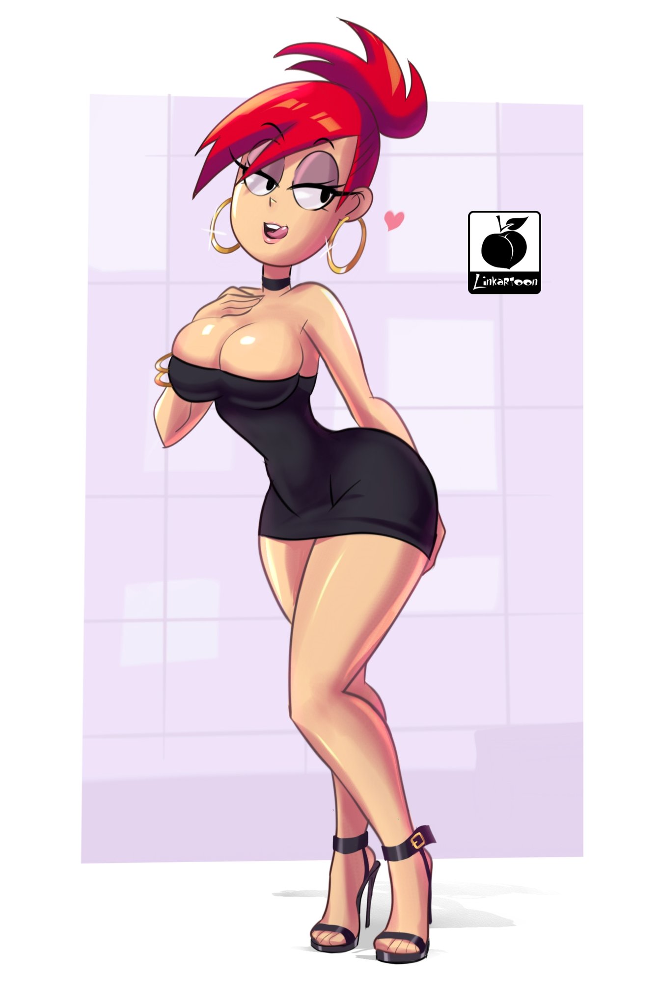 1girls, big breasts, black dress, black shirt, breasts, busty, cartoon network, choker, cleavage, curvy, dress, earrings, eyeshadow, female, female only, foster's home for imaginary friends, frankie foster, heels, high heels, hips, hoop earrings, hourglass figure, large breasts, linkartoon, little black dress, lower body, open toe shoes, ponytail, red hair, redhead, seductive, seductive look, shiny, shiny clothes, shiny skin, short hair, solo, stiletto heels, thick, thick legs, thick thighs, thin waist, tied hair, tongue, tongue out, upper body, very high heels, voluptuous, waist, watermark, wide hips