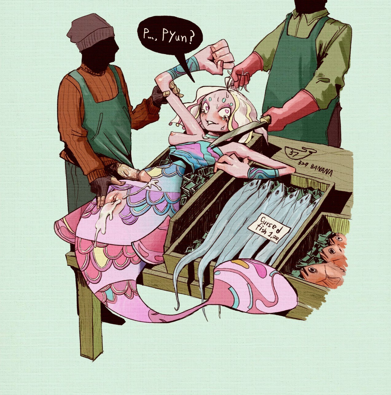 1girls, 2boys, after rape, breast outside, breasts, confusion, coop soggy, cry, crying, cum, cum in pussy, female, heart-shaped pupils, imminent death, knife, knifepoint, male, merfolk, mermaid, nipples, no straight roads, pussy, sayu, tears, violence, weapon