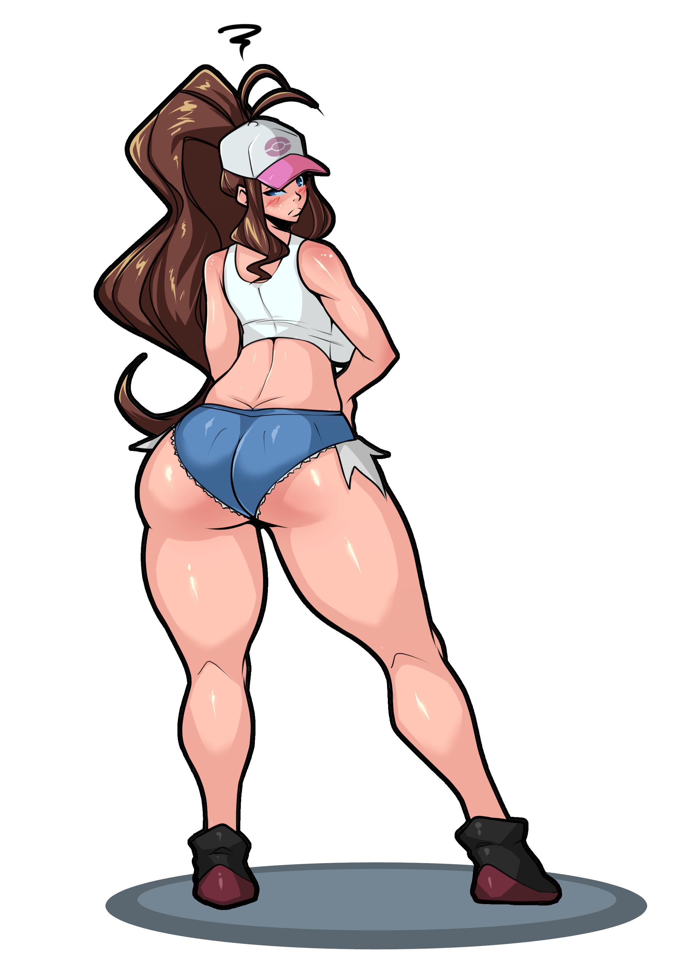 1girls, ass, ass hanging out of shorts, bare shoulders, baseball cap, blue eyes, blush, booty shorts, breasts, brown hair, cutoffs, denim, denim shorts, female, from behind, hands on hips, hat, high resolution, hilda (pokemon), huge ass, large breasts, long hair, looking at viewer, looking back, minishorts, nintendo, numbnutus, pokemon, pokemon bw, ponytail, shirt, shoes, short shorts, shorts, sideboob, solo, tank top, thick thighs, thighs, tied hair, very high resolution, white background, white shirt