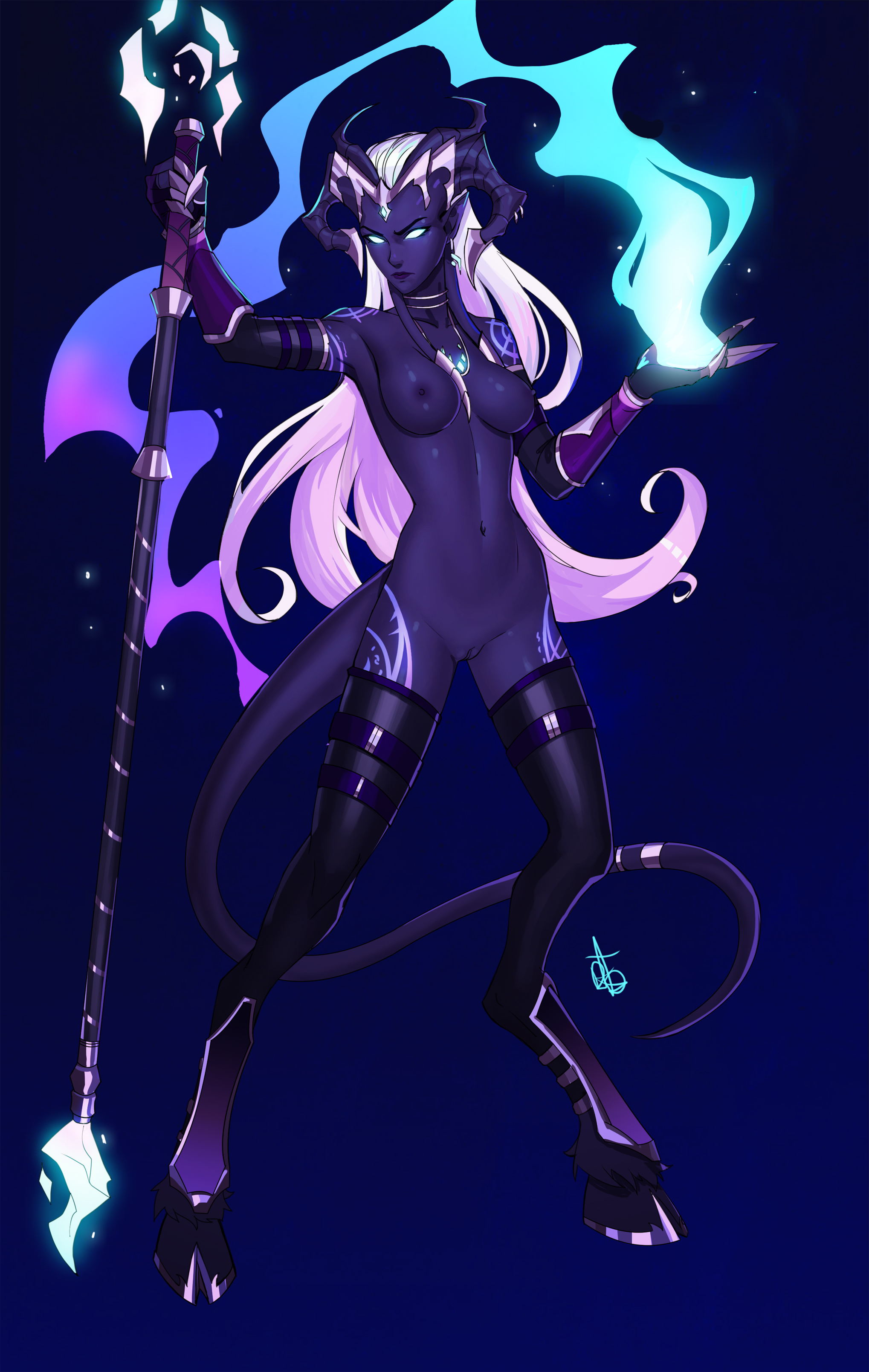 1girls, 2020, alliance (warcraft), arm strap, arm tattoo, black legwear, blizzard entertainment, breasts, draenei, draenei mage, elbow gloves, female, fingerless gloves, gloves, glowing, glowing eyes, highres, hooves, horns, leg tattoo, long hair, looking at viewer, mage (warcraft), magic, navel, ninra, nipples, nude, original character, pink hair, pointy ears, purple skin, pussy, rystia (solinii), solo, tail, thighhighs, two-tone hair, vambraces, very long hair, warcraft, white hair, world of warcraft