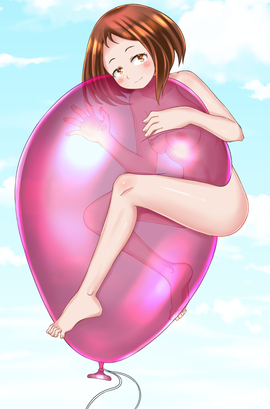 1girls areolae balloon blue_sky blush blush_stickers breasts brown_eyes brown_hair completely_nude completely_nude_female female female_only floating full_body helium holding_object long_hair looking_at_viewer my_hero_academia naked naked_female nipples nude nude_female ochako_uraraka see-through sky smile solo solo_female spread_legs yon_senpai