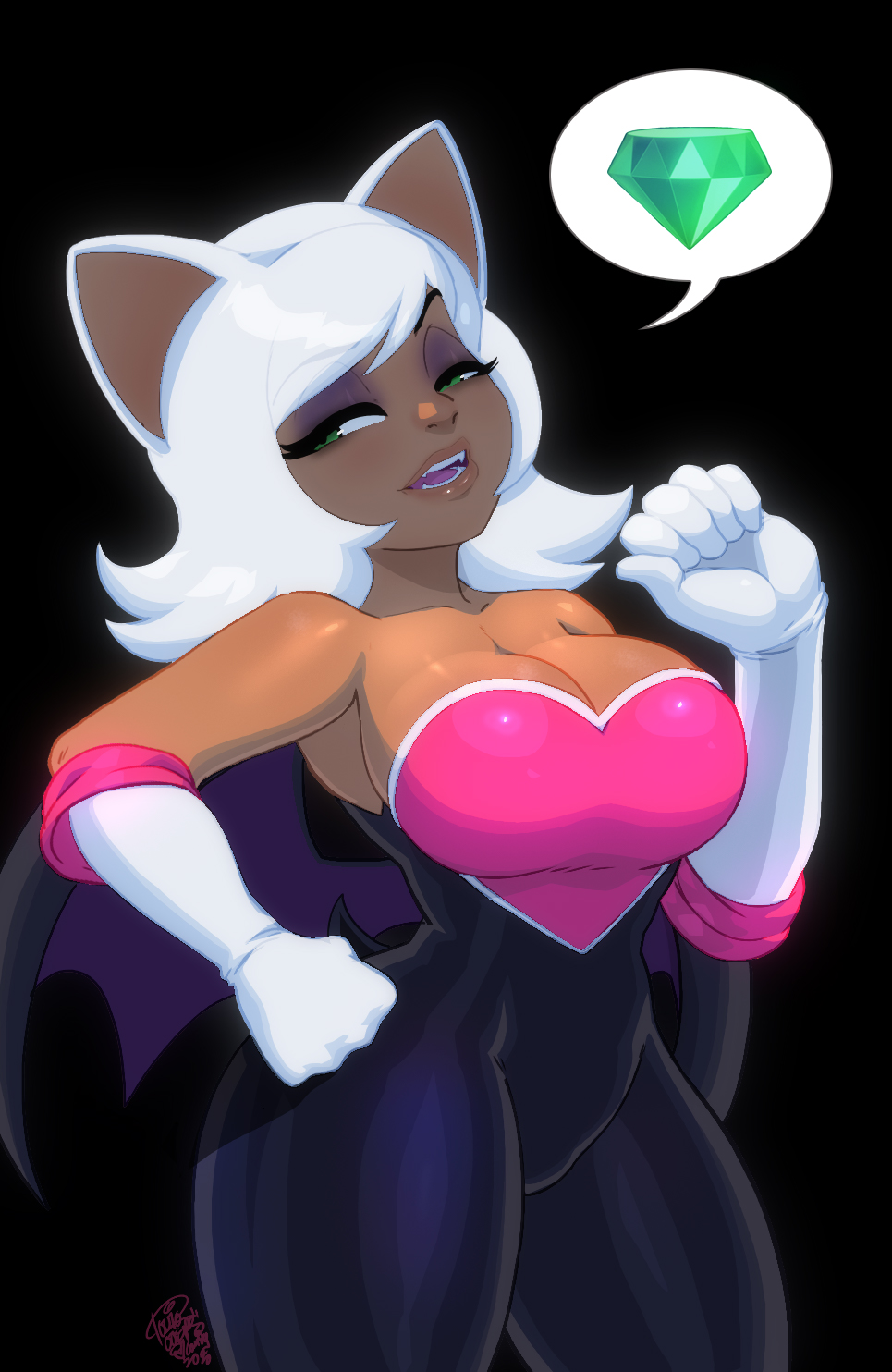 1girls, animal ears, bat ears, black background, bodysuit, chaos emerald, cleavage, curvaceous, curvy, curvy figure, elbow gloves, eyelashes, eyeshadow, fangs, female, female only, full lips, gloves, green eyes, highres, humanized, humanoid, looking away, narrow waist, narrowed eyes, pose, rouge the bat, sega, solo, solo focus, sonic (series), sonic the hedgehog (series), tan skin, text bubble, thick thighs, tovio rogers, voluptuous, white hair, wide hips