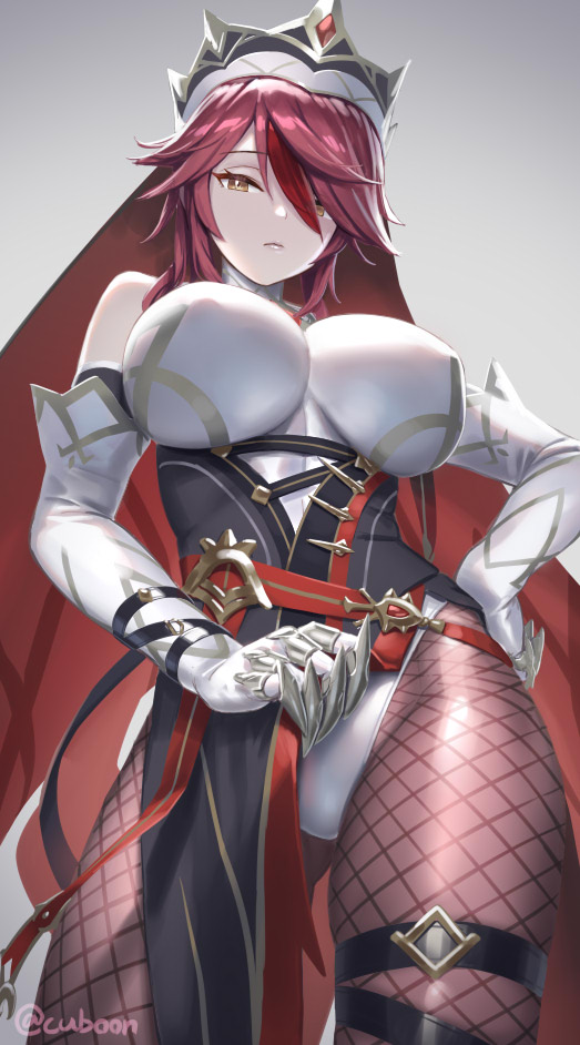 1girls, bangs, breasts, claws, cuboon, female, female only, genshin impact, glare, neutral expression, nun, red eyes, red hair, rosaria (genshin impact), thighs, upskirt, veil