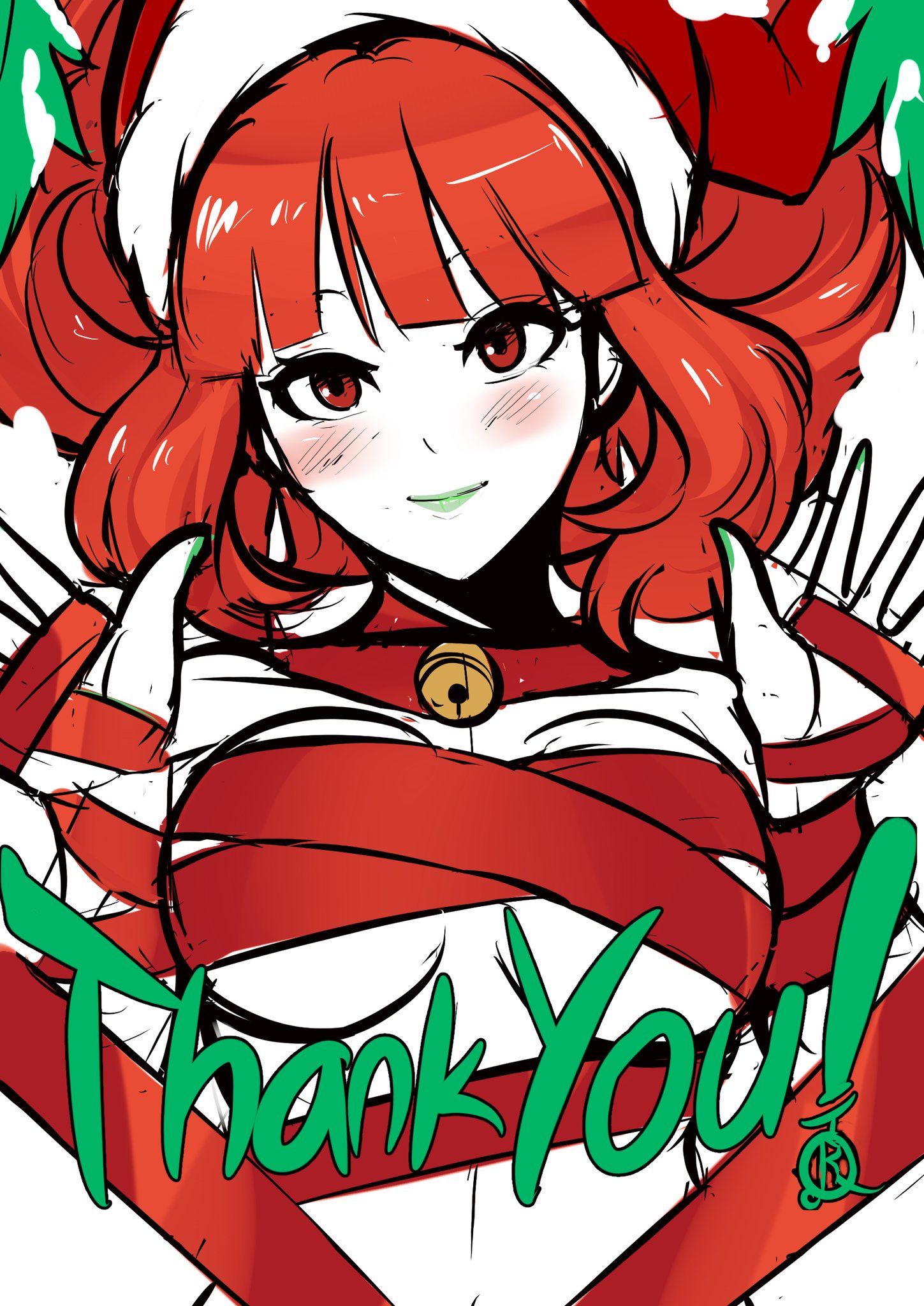 1girls, alternate costume, artist logo, bangs, bare shoulders, bell, bell collar, blunt bangs, blush, breasts, celica (fire emblem), christmas, collarbone, earrings, english text, female, fire emblem, fire emblem echoes: shadows of valentia, functionally nude, green lips, green lipstick, green nails, hands up, hat, head tilt, jingle bell, lipstick, looking at viewer, medium breasts, medium hair, nail polish, naked ribbon, nintendo, nude, nude female, on back, orange eyes, orange hair, present, red eyes, red hair, revolverwingstudios, ribbon, santa hat, shoulders, smile, snow, solo, source request, stomach, text, thank you, tree, underboob, upper body, white background