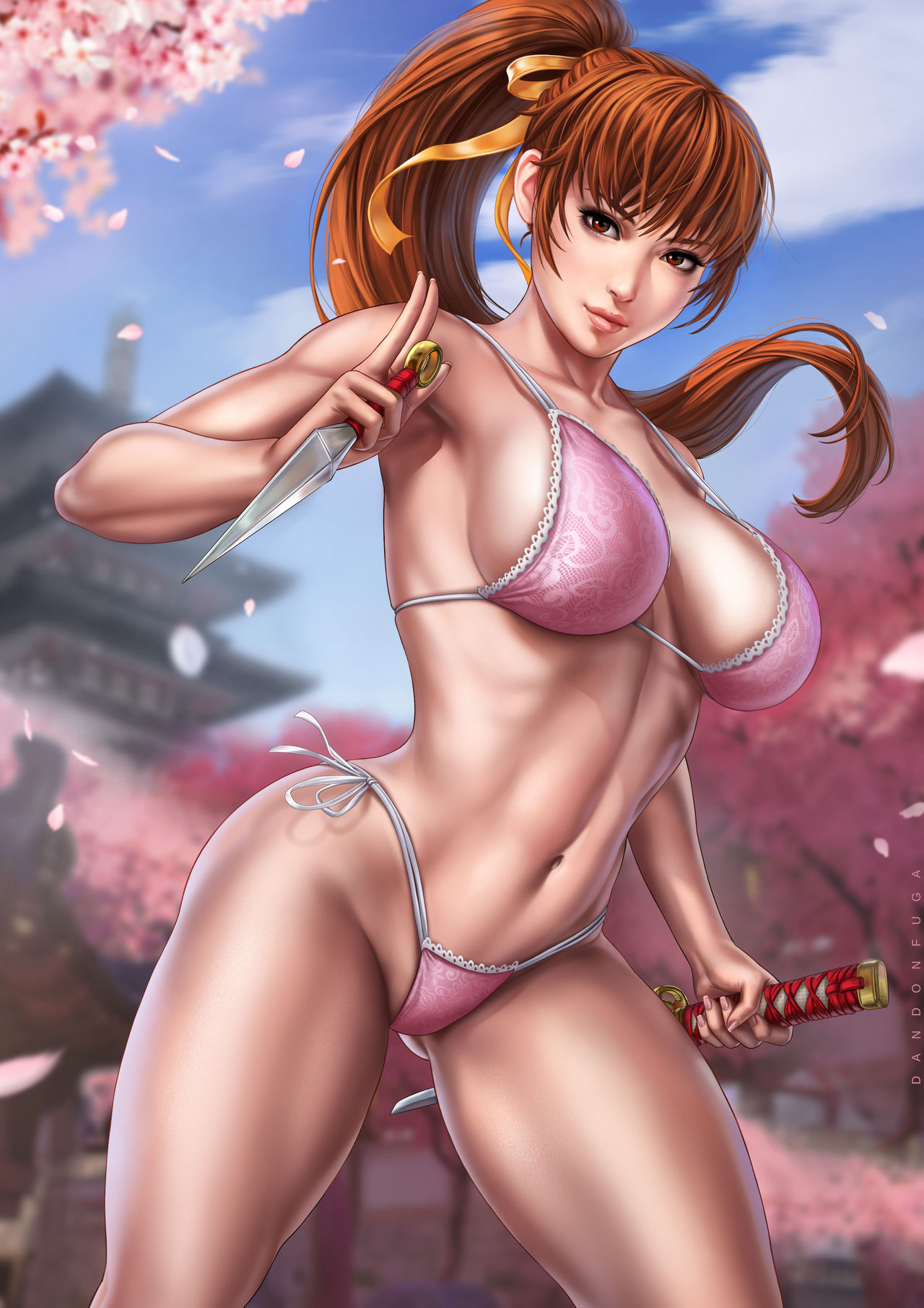 1girls, big breasts, bra, breasts, brown hair, cherry blossoms, covered breasts, covered nipples, dandon fuga, dead or alive, female, female only, ginger, ginger hair, holding object, human, human only, kasumi (doa), kunai, lingerie, looking at viewer, muscular, muscular female, orange hair, panties, pink lingerie, pink panties, red eyes, small panties, solo, solo female, solo focus, thick thighs, thong, toned, toned female