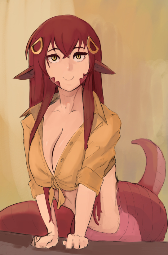 1girls, belly button, breasts, cleavage, female, female only, huge breasts, lamia, large breasts, light skin, light-skinned female, miia (monster musume), monster girl, monster musume no iru nichijou, naga, red hair, solo, tagme, yellow eyes, ynonamai