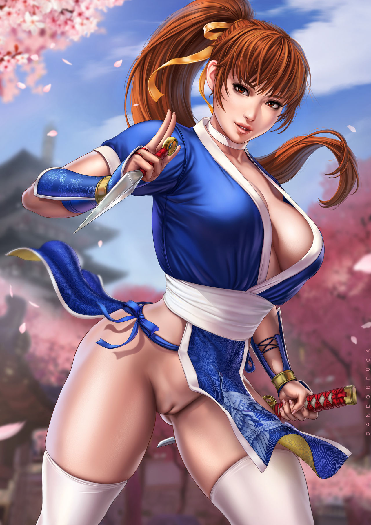 big breasts, bottomless, breasts, brown hair, cleavage, dandon fuga, dead or alive, female, hairless pussy, kasumi (doa), kunai, long hair, looking at viewer, no panties, posing, pussy, red eyes, shaved pussy, thick thighs, toned, toned female, uncensored