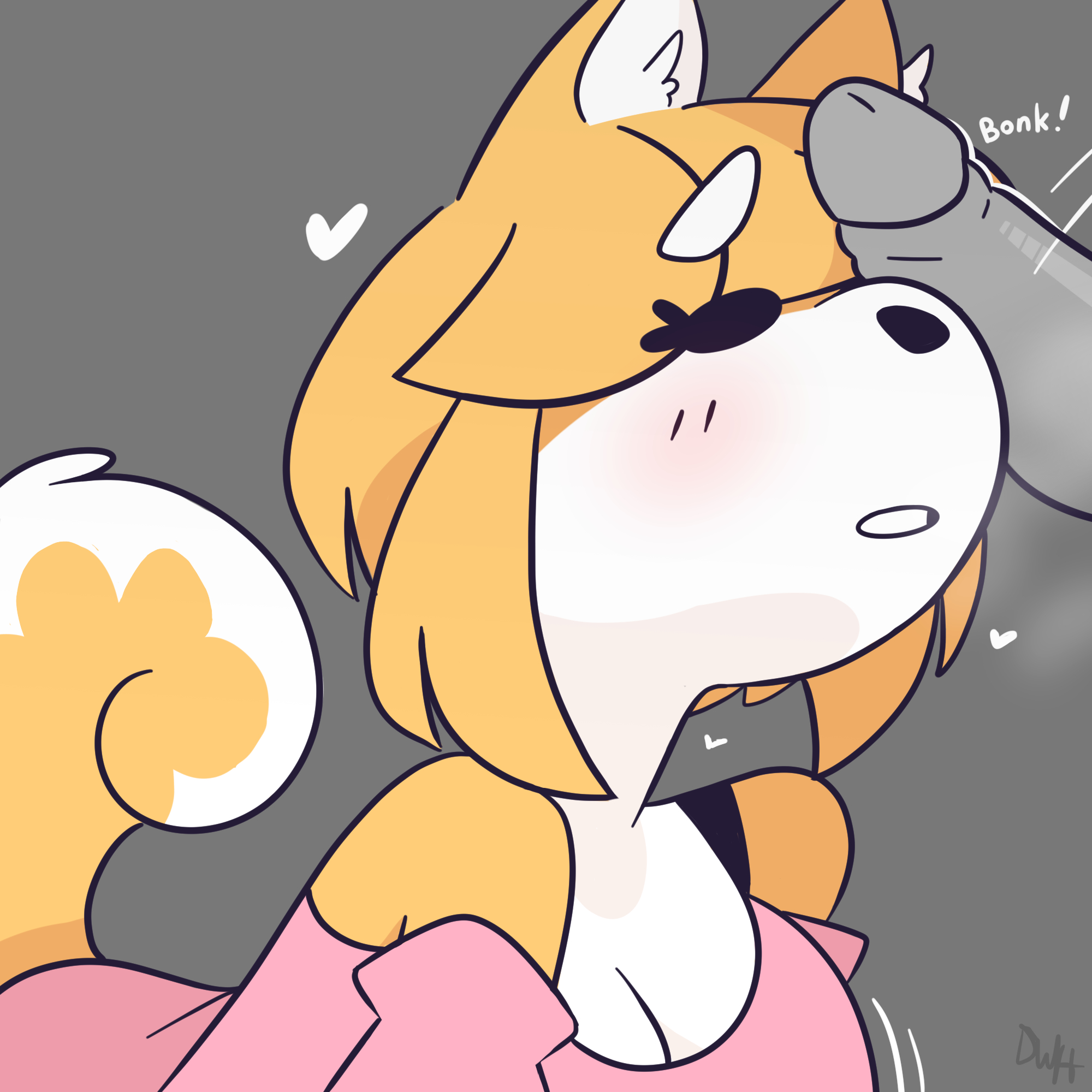 1:1, all fours, anon, anthro, bare shoulders, big breasts, blush, breasts, breath, butterscotch (peargor), canid, canine, canis, cleavage, clothed, clothing, cockslap, dawnwashere, domestic dog, duo, female, genitals, grey background, grey penis, heart, hi res, human, humanoid genitalia, humanoid penis, interspecies, jiggle, kneeling, male, mammal, mostly offscreen character, motion lines, nuzzling, panting, penis, penis on face, pink shirt, raised tail, shiba inu, short hair, signature, simple background, solo, solo focus, sound effects, spitz, straight, tail, white eyebrows