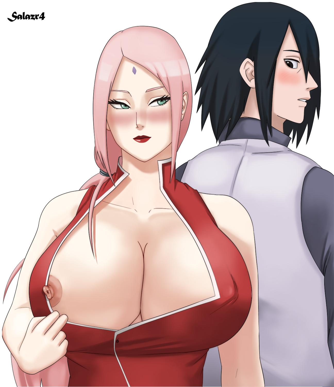 1boy 1boy1girl 1girls big_breasts black_hair boruto:_naruto_next_generations breast clothing female hetero male male/female naruto naruto_(series) nipple nipple_slip pink_hair sakura_haruno salazr4 sasuke_uchiha straight teasing