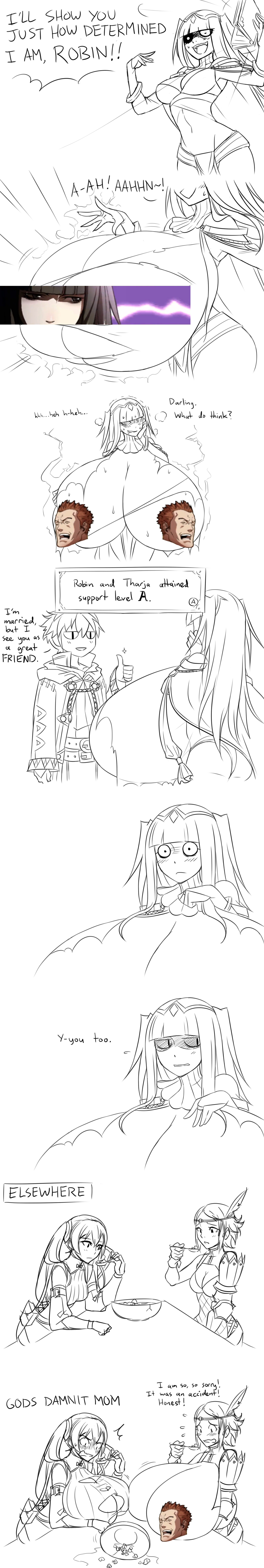 big breasts, blush, breast expansion, breast growth, breast growth (enlargement), breasts, bursting breasts, censored, comic, embarrassed, exposed breasts, female, fire emblem, fire emblem awakening, gigantic breasts, gregor (fire emblem), huge breasts, humor, male, matsu-sensei, nintendo, noire (fire emblem), robin (fire emblem), robin (fire emblem) (male), severa (fire emblem), tearing clothes, tharja (fire emblem), uncensor request