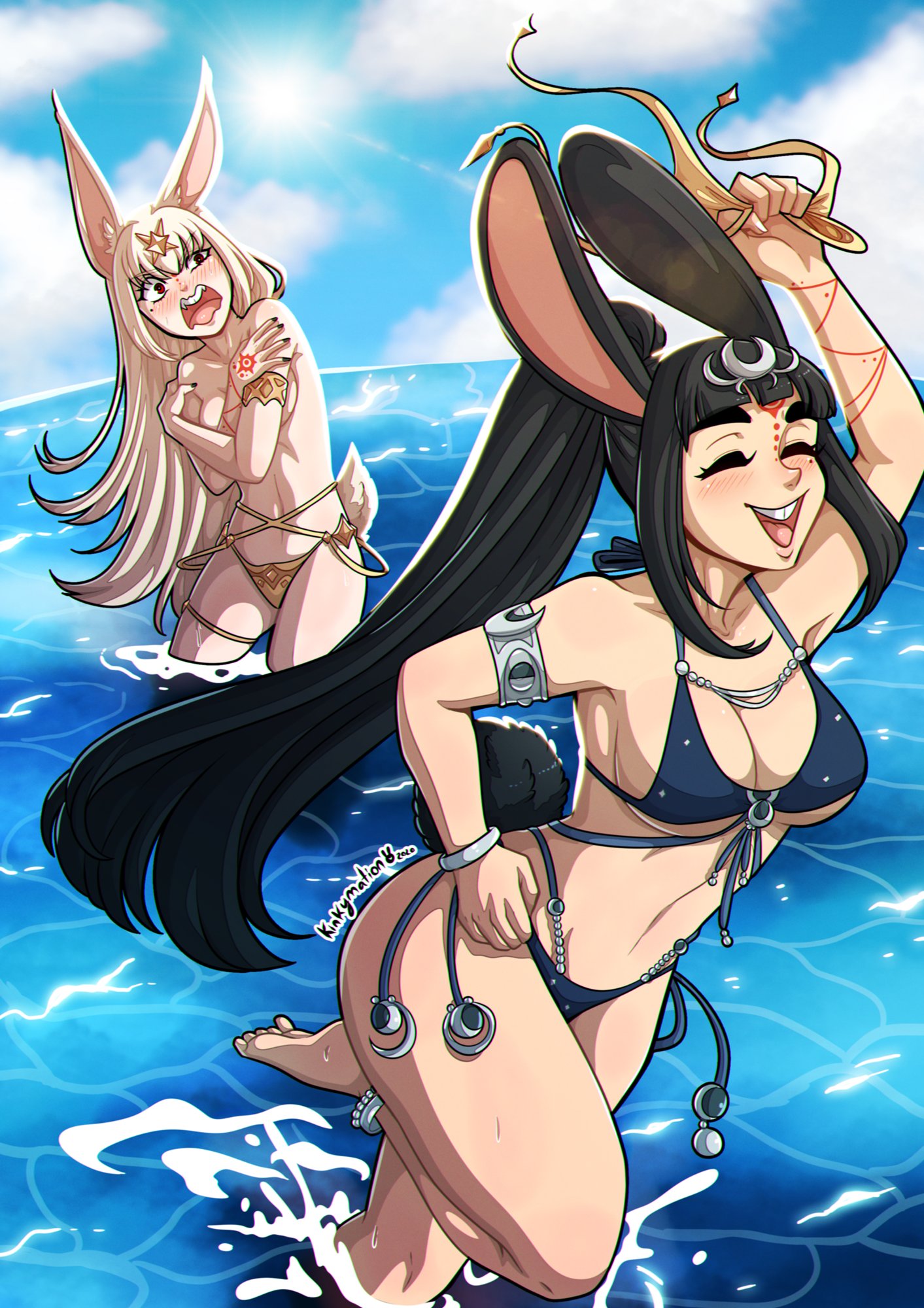 2girls armband barefoot bikini black_hair blonde_hair blush body_markings bracelet bunny_ears bunny_tail celeste_(kinkymation) closed_eyes covering_breasts estella_(kinkymation) facial_markings female female_only forehead_jewel happy highres holding holding_bikini_top humanoid in_water kinkymation lagomorph_humanoid long_hair original original_character ponytail red_eyes running sea smile stolen_bikini stolen_clothes stolen_swimsuit swimsuit swimsuit_thief tail tears topless upper_teeth