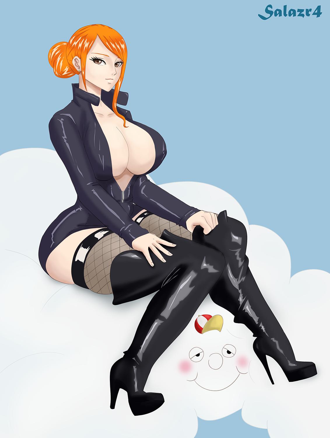 1girls boots breasts busty cleavage female female_only fishnet_stockings fully_clothed high_heel_boots high_heels homie_(one_piece) leather_minidress nami nami_(one_piece) nico_robin_(cosplay) one_piece orange_hair post-timeskip salazr4 soru_soru_no_mi thigh_boots voluptuous zeus_(one_piece)