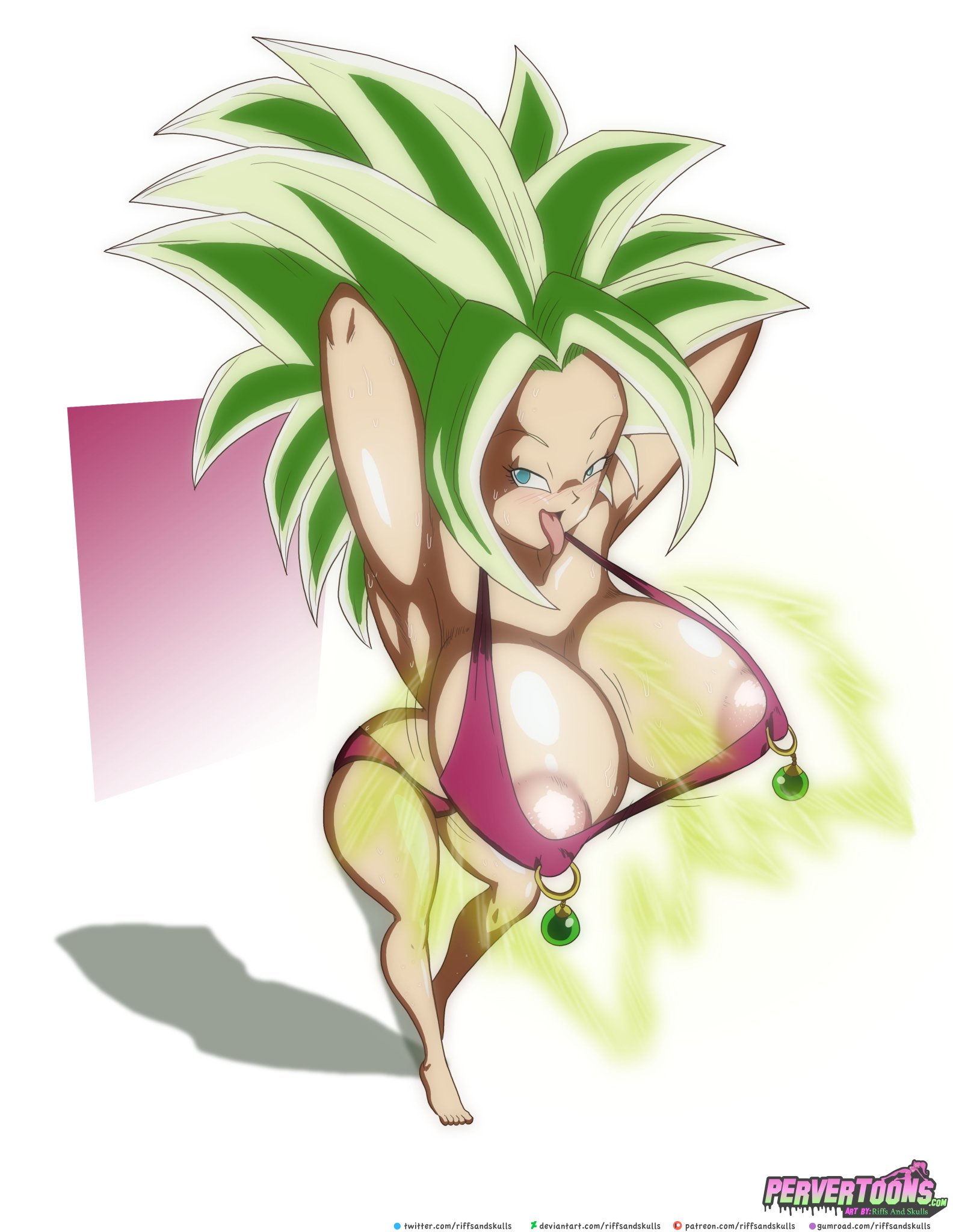 1girls, big breasts, breasts, dragon ball, dragon ball super, earrings, female, fusion, green eyes, green hair, kefla, legendary super saiyan, light skin, light-skinned female, nipple piercing, nipples, pervertoons, piercing, potara earrings, potara nipple rings, riffsandskulls, saiyan, short hair, spiky hair, super saiyan, super saiyan 2