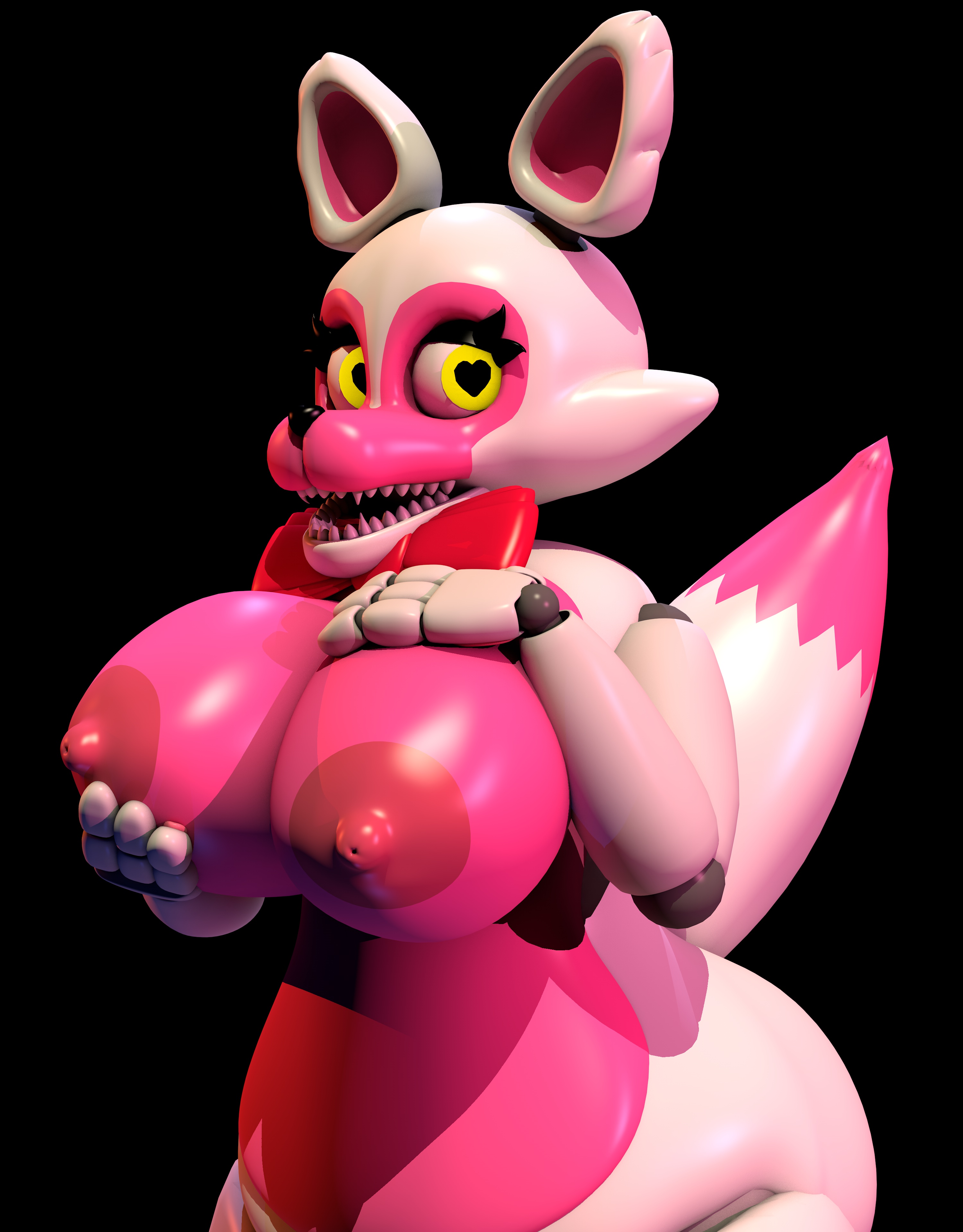 3d, 4 fingers, big breasts, bowtie, breasts, female, five nights at freddy's, five nights at freddy's 2, fox, hands on breasts, l, mangle (fnaf), nipples, robot, solo, thick, yellow eyes