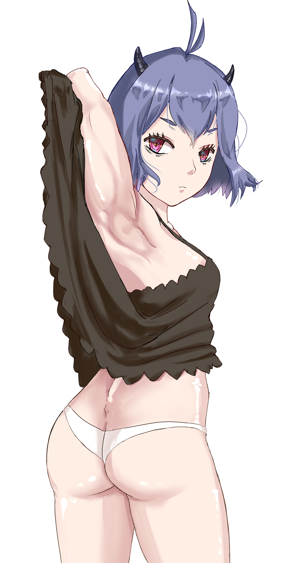 1girls, arm up, armpit, ass, back view, black clothing, black clover, black hair, breasts, clothed, dress, dress lift, female, female focus, female only, horns, hourglass figure, kuudere, looking back, looking back at viewer, no bra, panties, petite, presenting, presenting ass, presenting hindquarters, red eyes, secre swallowtail, short hair, sideboob, solo, solo female, thick ass, thighs, tukemen gyokai, white panties