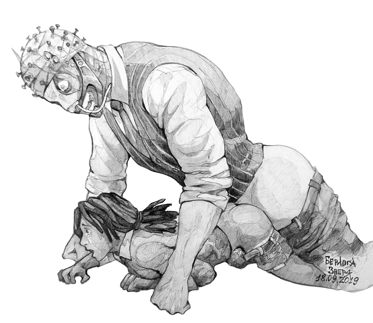 1boy, 1girls, berl0zet, claudette morel, clothed sex, crying, crying with eyes open, dbd, dead by daylight, female, from behind, from behind position, male, rape, the doctor (dead by daylight)