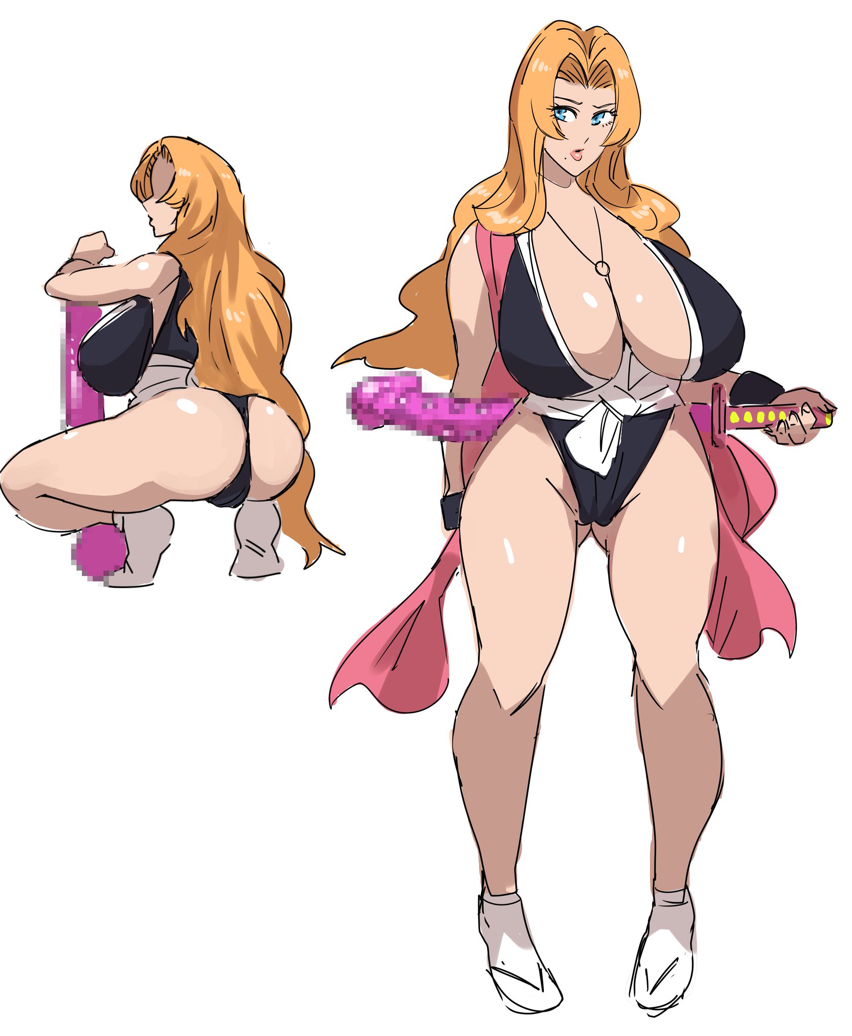 1girls, alternate costume, ass, ass grab, back view, big breasts, big dildo, bleach, blue eyes, breasts, cameltoe, censored, dildo sword, female, front view, giant dildo, highres, hourglass figure, huge breasts, kandenki, katana, kimono, large breasts, lipstick, long hair, makeup, matsumoto rangiku, mole, mole under mouth, multiple views, orange hair, pussy, revealing clothes, sandals, sex toy, sex toy-shaped weapon, short kimono, sleeveless, solo, squatting, standing, sword, tabi, weapon, wide hips