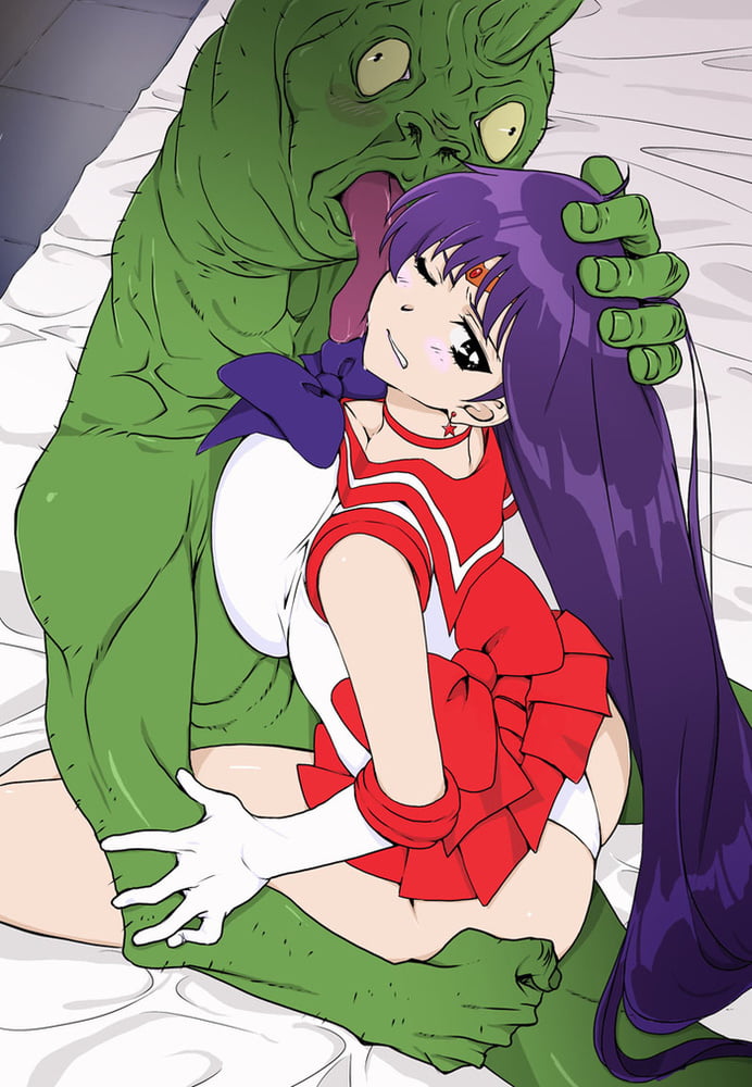 1boy, 1girls, ass, bed, big breasts, bishoujo senshi sailor moon, blush, breasts, captured, captured heroine, clothed sex, clothing, defeated, defeated heroine, endured face, female, hand on ass, hand on head, hug, interspecies, large breasts, licking face, long hair, looking away, male, monster, rape, rei hino, sailor mars, sex, sitting on lap, skirt, tongue, tongue out, uncomfortable, wonderful (artist)