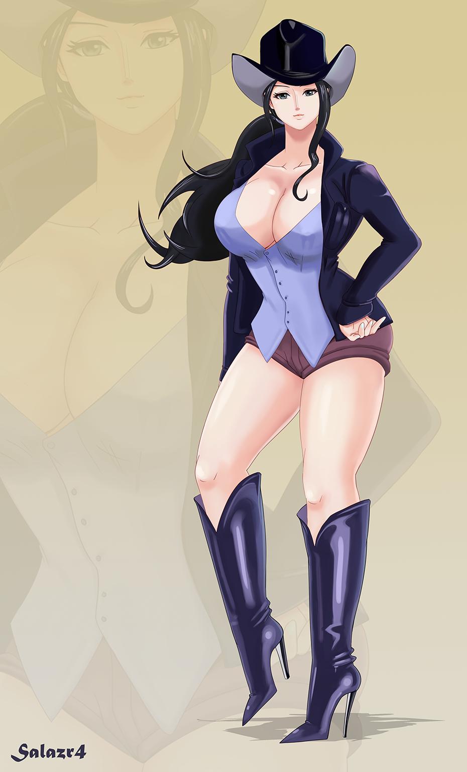 1girls big_breasts black_hair blue_eyes boots cowboy_boots cowboy_hat female female_only fully_clothed high_heels long_hair nico_robin one_piece salazr4 solo solo_female