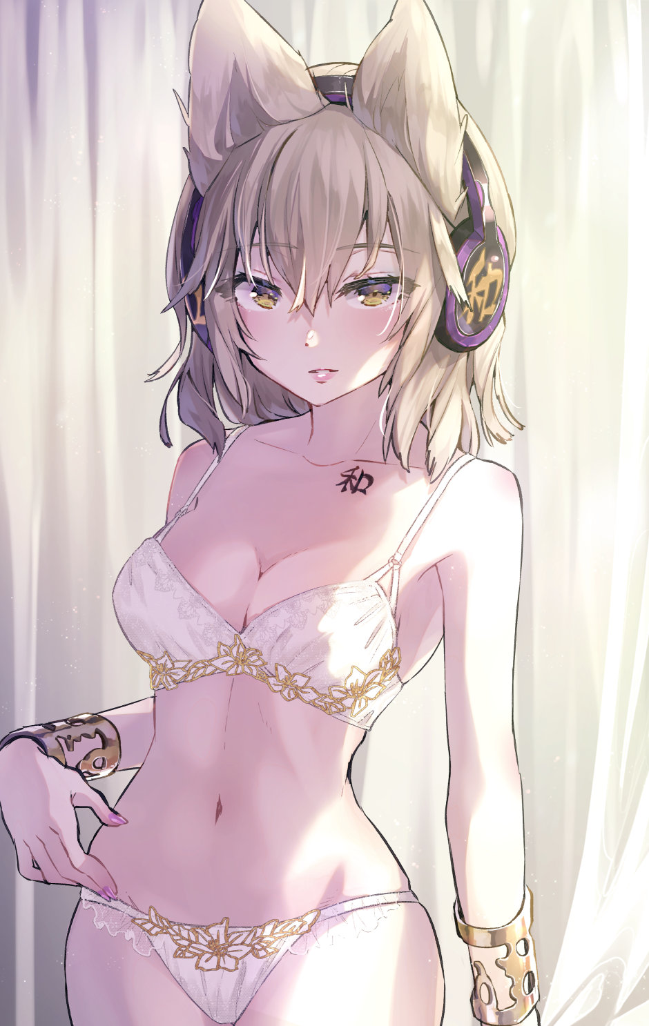 1girls alternate_costume bangle bangs bare_shoulders blonde_hair blush body_writing bra bracelet breasts cleavage collarbone cowboy_shot curtains earmuffs floral_print hair_between_eyes hand_on_hip jewelry kanji lace-trimmed_bra lace-trimmed_panties lace_trim light_particles looking_at_viewer medium_breasts medium_hair nail_polish navel outstretched_hand panties parted_lips pink_nails pointy_hair see-through short_hair sidelocks solo stomach syuri22 touhou toyosatomimi_no_miko underwear underwear_only white_bra white_panties yellow_eyes