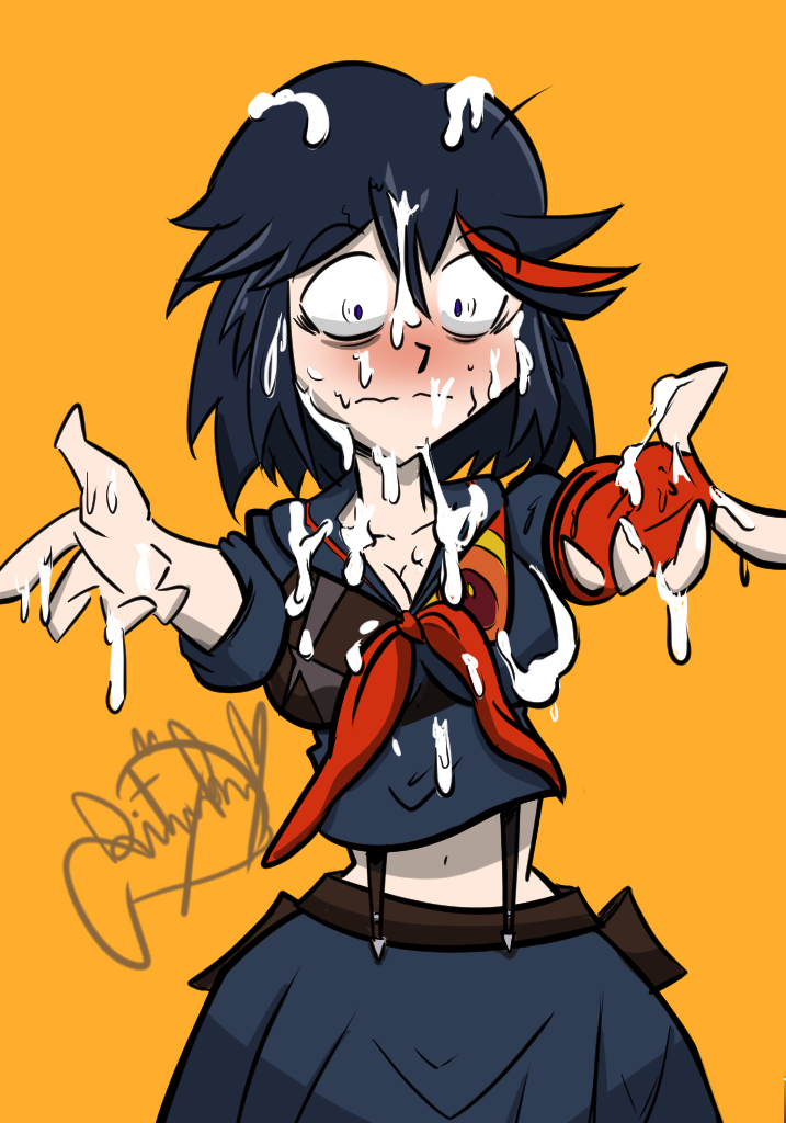 1girls, artist request, cum, cum drip, cum everywhere, cum on clothes, cum on face, cum on hair, cum on upper body, female, kill la kill, male, matoi ryuuko, my little pogchamp (meme), penis, scared, studio trigger