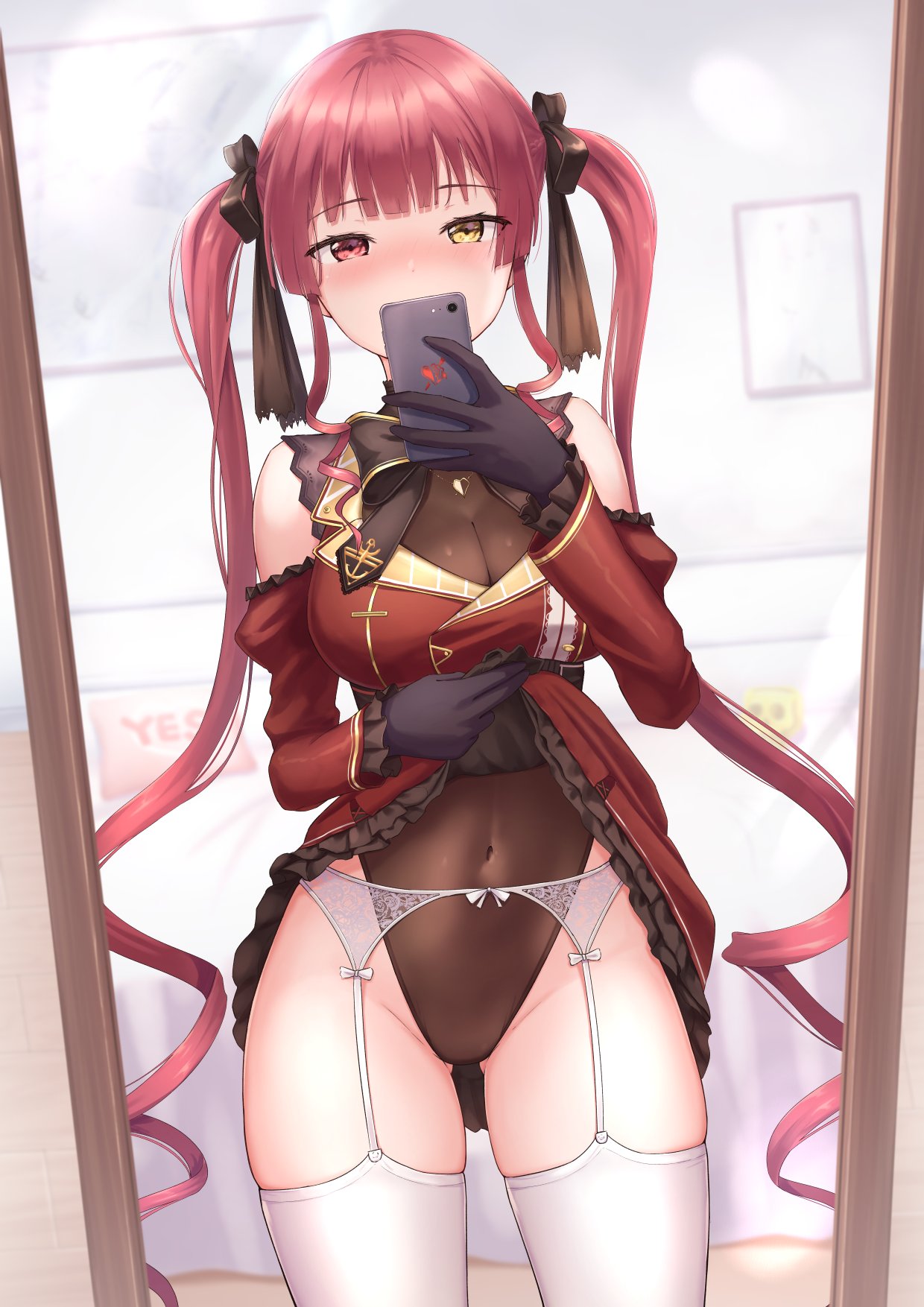 1girls, big breasts, breasts, female, hololive, hololive fantasy, hololive japan, houshou marine, looking at viewer, mirror, open shirt, phone, photo, red eye, red hair, thick thighs, virtual youtuber, yellow eye