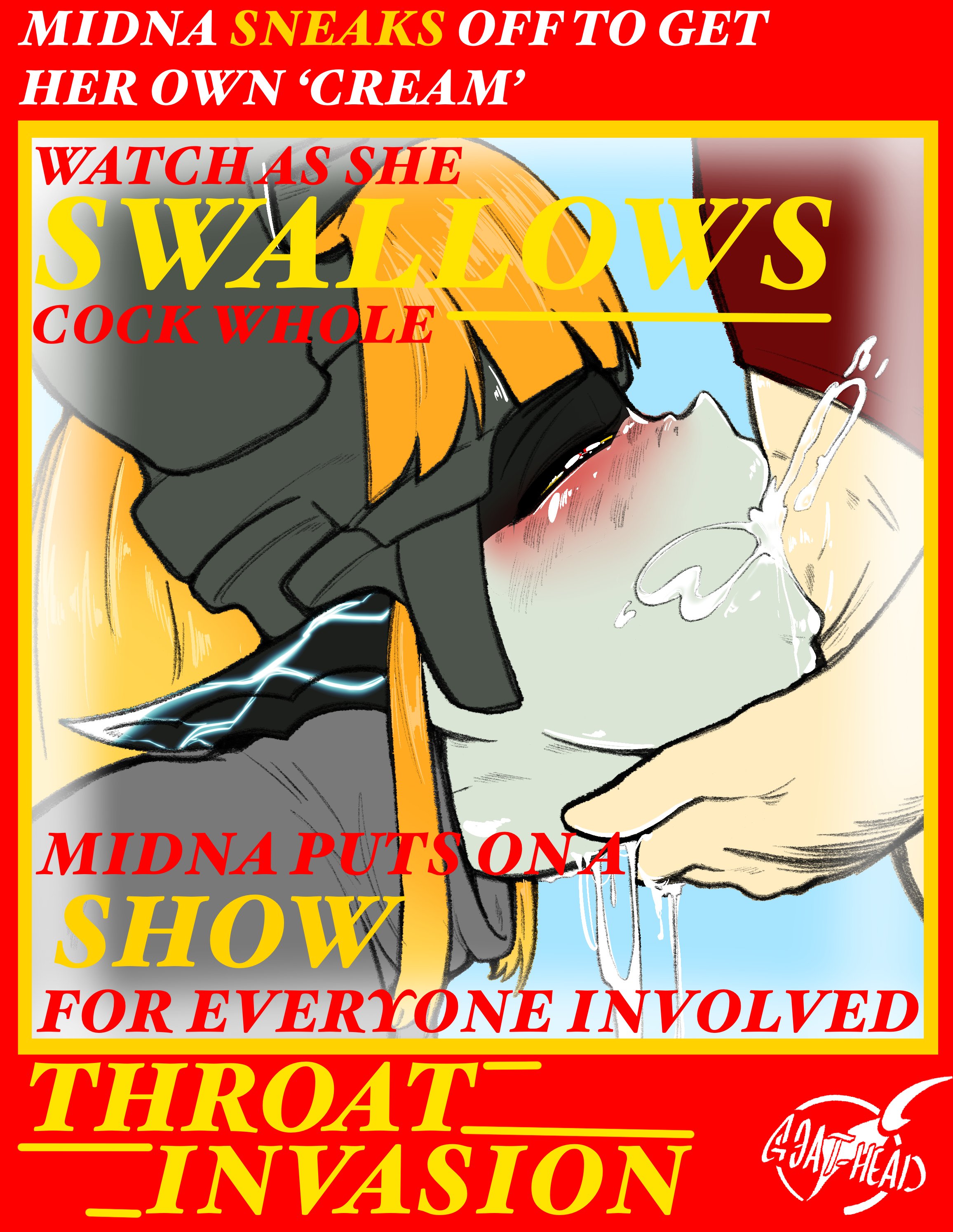 1boy, 1girls, bangs, big breasts, breasts, busty, dark skin, dark-skinned female, deepthroat, english text, fellatio, female, female focus, goat-head (artist), hourglass figure, huge breasts, imp midna, large breasts, long hair, male, midna, nintendo, oral, orange hair, overflowing breasts, public, red eyes, shortstack, skimpy, skimpy clothes, text, the legend of zelda, throat bulge, twilight princess, wide hips