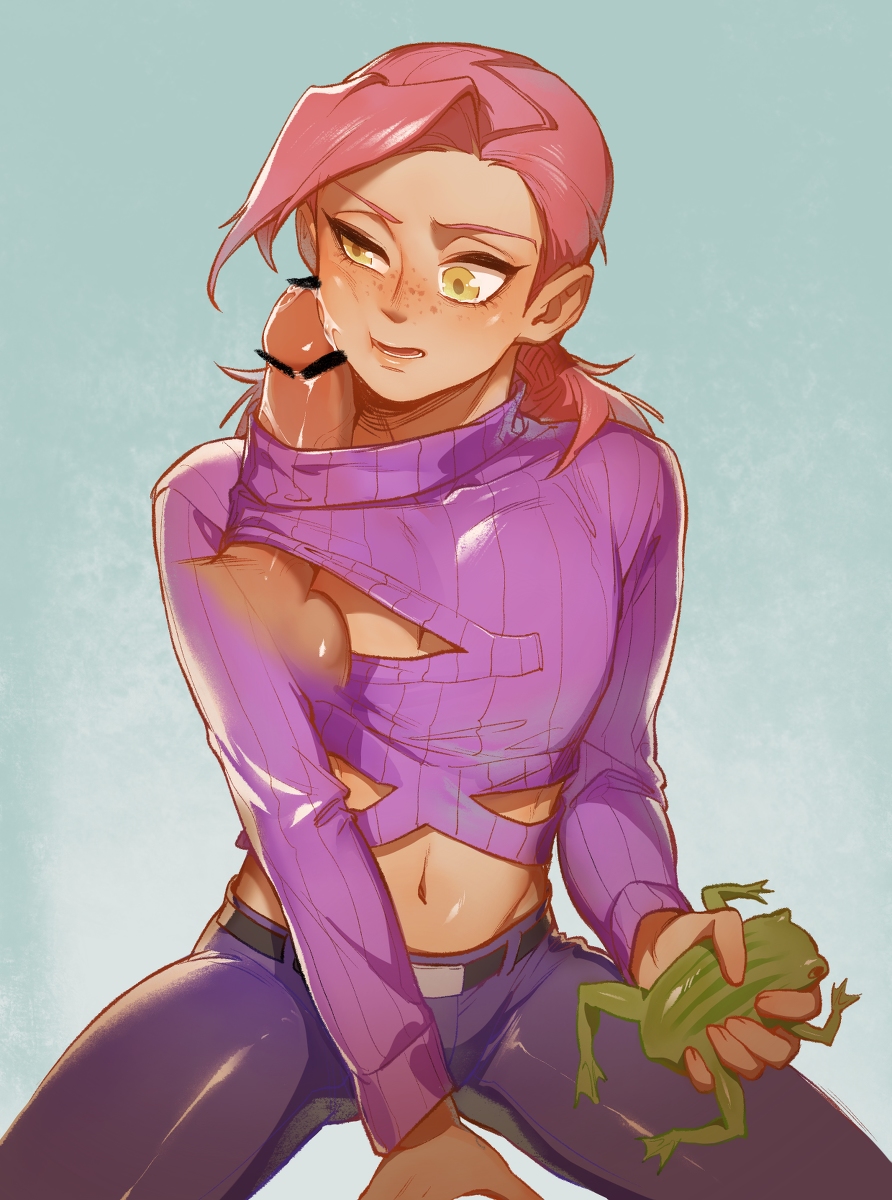 2boys big_penis crop_top doppios_sweater femboy freckles frog iroha_(artist) jojo's_bizarre_adventure male_only on_floor penis_on_face penis_under_clothes rubbing_penis sitting solo_male sweater trap vento_aureo vinegar_doppio yaoi