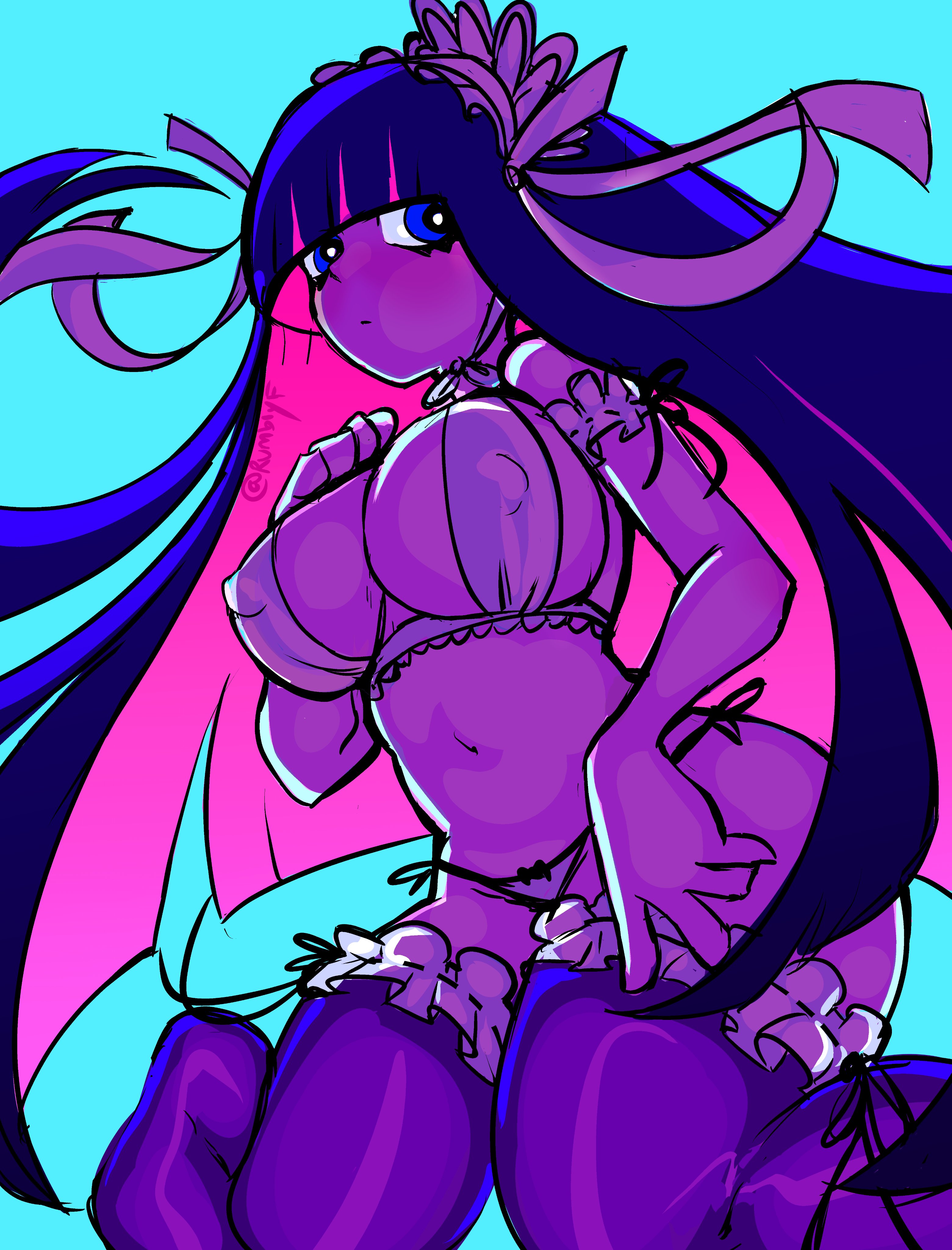 1girls, angel, armband, artist name, bangs, blue eyes, blue hair, breasts, cleavage, erect nipples, erect nipples under clothes, female, female only, goth, hair ornament, hair ribbon, large breasts, lingerie, long hair, looking to the side, multicolored hair, nipple bulge, nipples, panties, panty & stocking with garterbelt, pink hair, rumblyf, solo, solo female, stocking anarchy, thighhighs, two-tone hair, underwear, wide hips