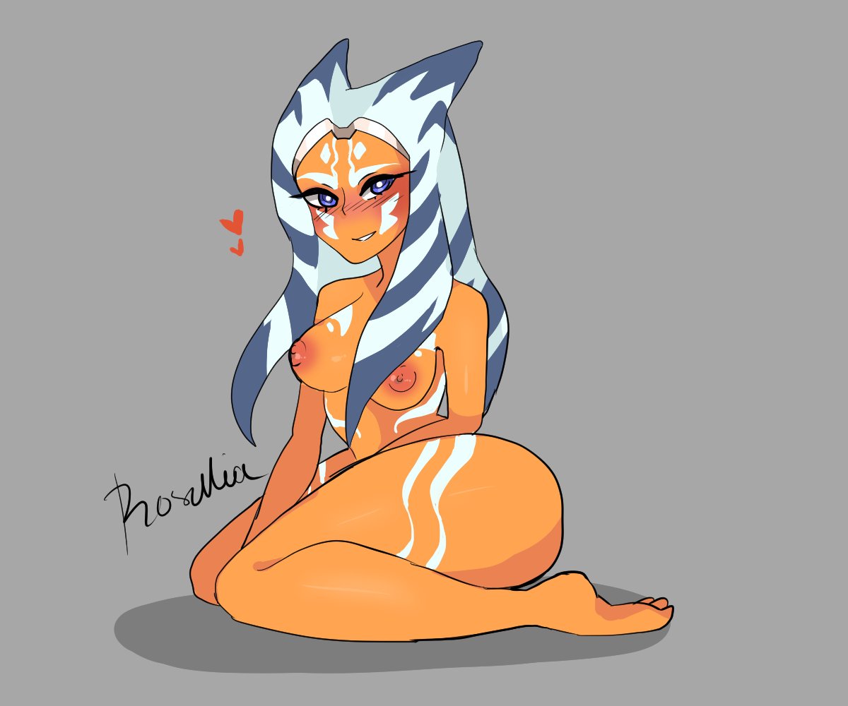 1girls ahsoka_tano alien_girl barefoot blue_eyes blush female female_only naked nipples nude nude_female orange_skin rosellia00 solid_color_background solo star_wars tagme tattoo text the_clone_wars:_season_seven togruta