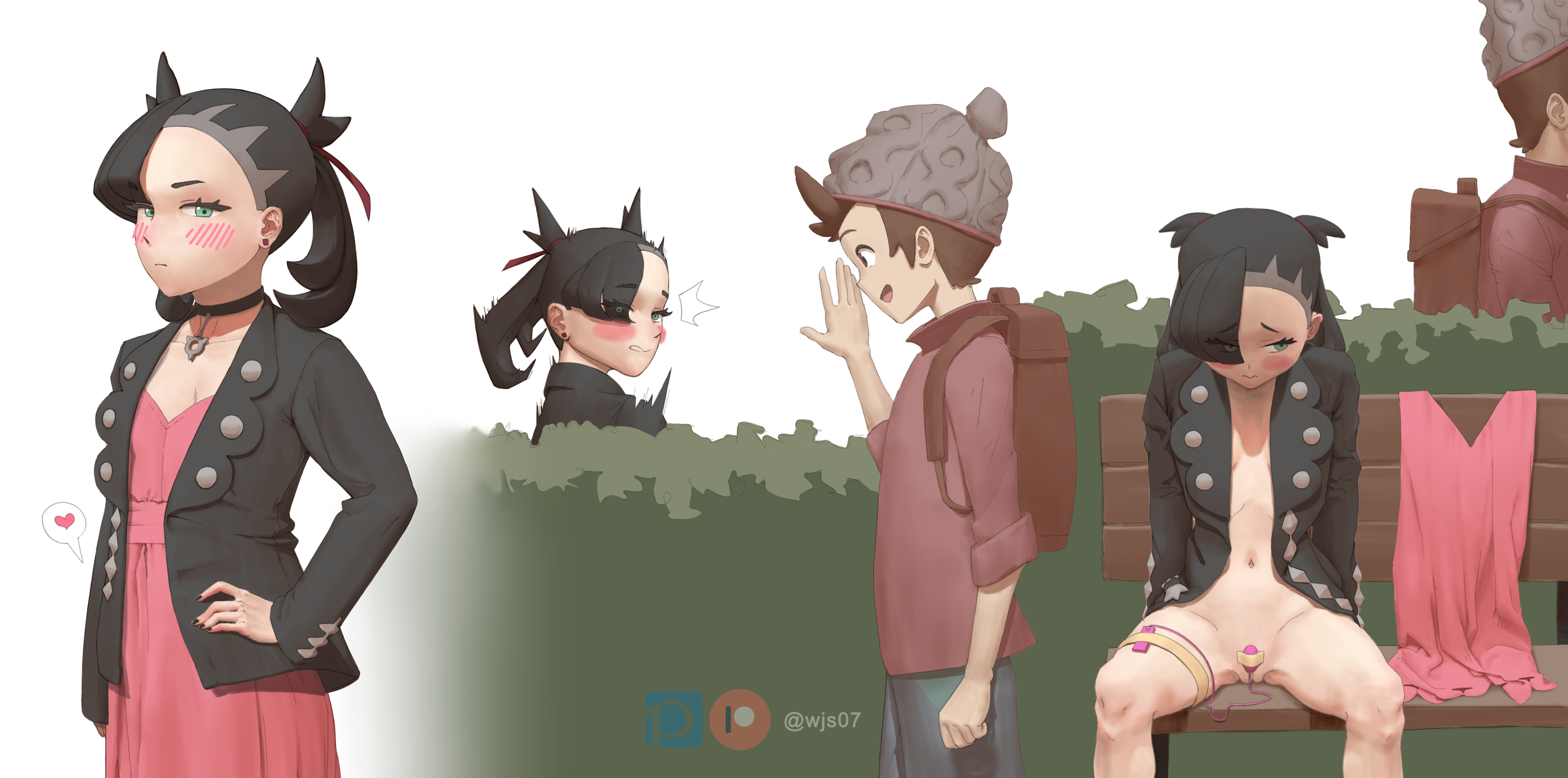 1boy, 1girls, bench, black fingernails, blush, bottomless, choker, clothing, discreet vibrator, egg vibrator, embarrassed, exhibitionism, female, hidden, human, jacket, light skin, light-skinned male, male, marnie (pokemon), masturbation, naked jacket, nintendo, pokemon, pokemon ss, public, public nudity, pussy, remote control vibrator, sex toy, twintails, unknowing bystander, vibrator, vibrator on thigh, vibrator under clothes, victor (pokemon), wjs07