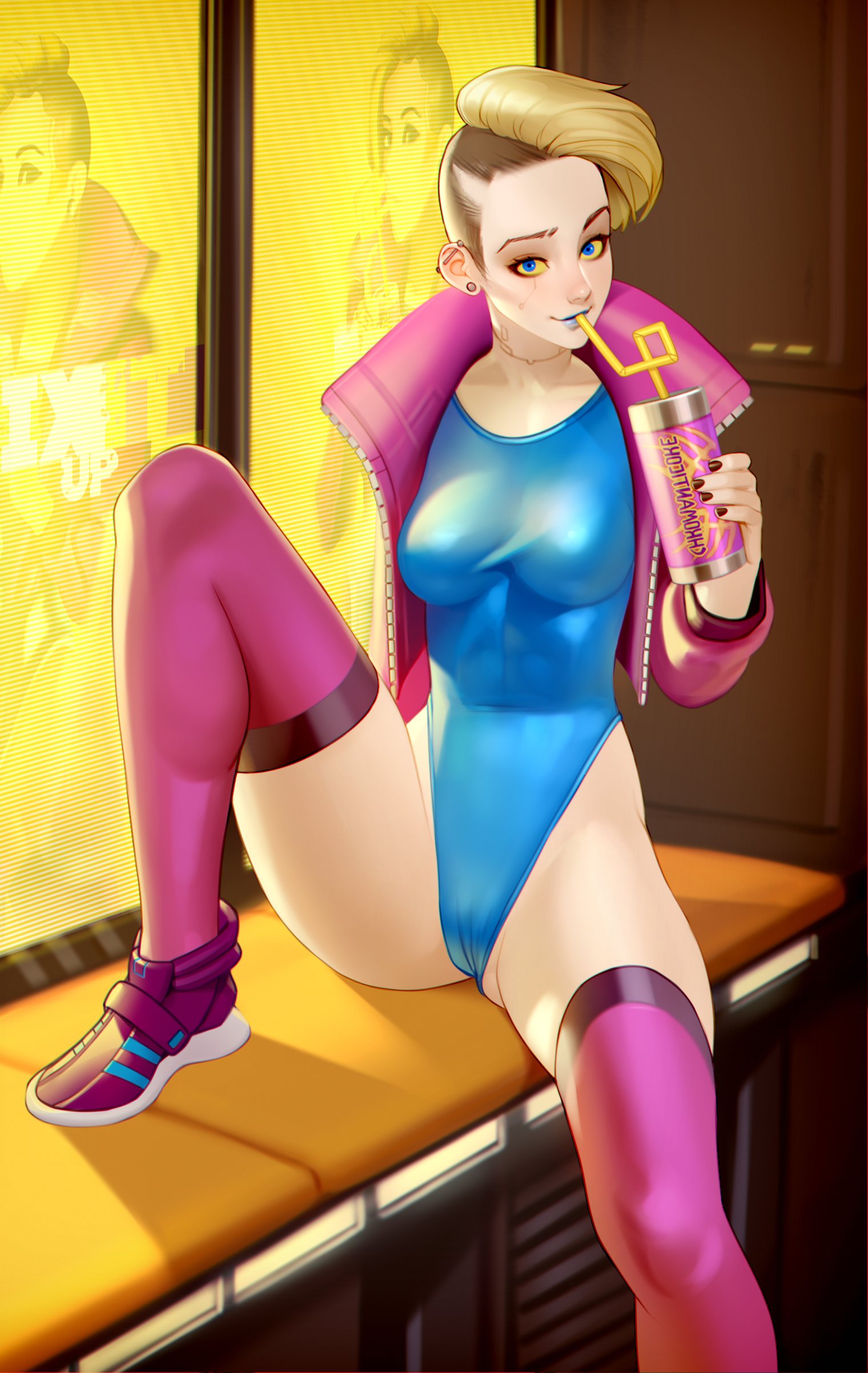 1girls, 2020, blonde hair, blue eyes, breasts, cd projekt red, chromanticore model, cleavage, cybernetics, cyberpunk (series), cyberpunk 2077, female, female only, kairuhentai, kairunoburogu, leotard, looking at viewer, small nose, spread legs, text, thighhighs, trans woman, transfem, yellow sclera