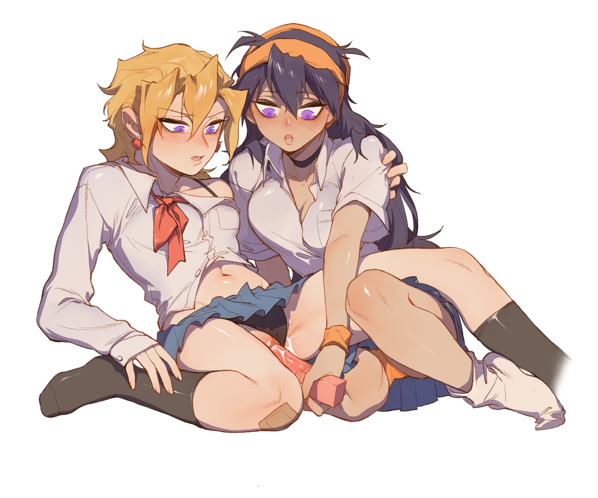 2girls, black panties, dildo, dildo in pussy, female, female only, jojo's bizarre adventure, multiple females, multiple girls, narancia ghirga, pannacotta fugo, panties, pussy, rule 63, school uniform, upskirt, vaginal penetration, vento aureo, yuri