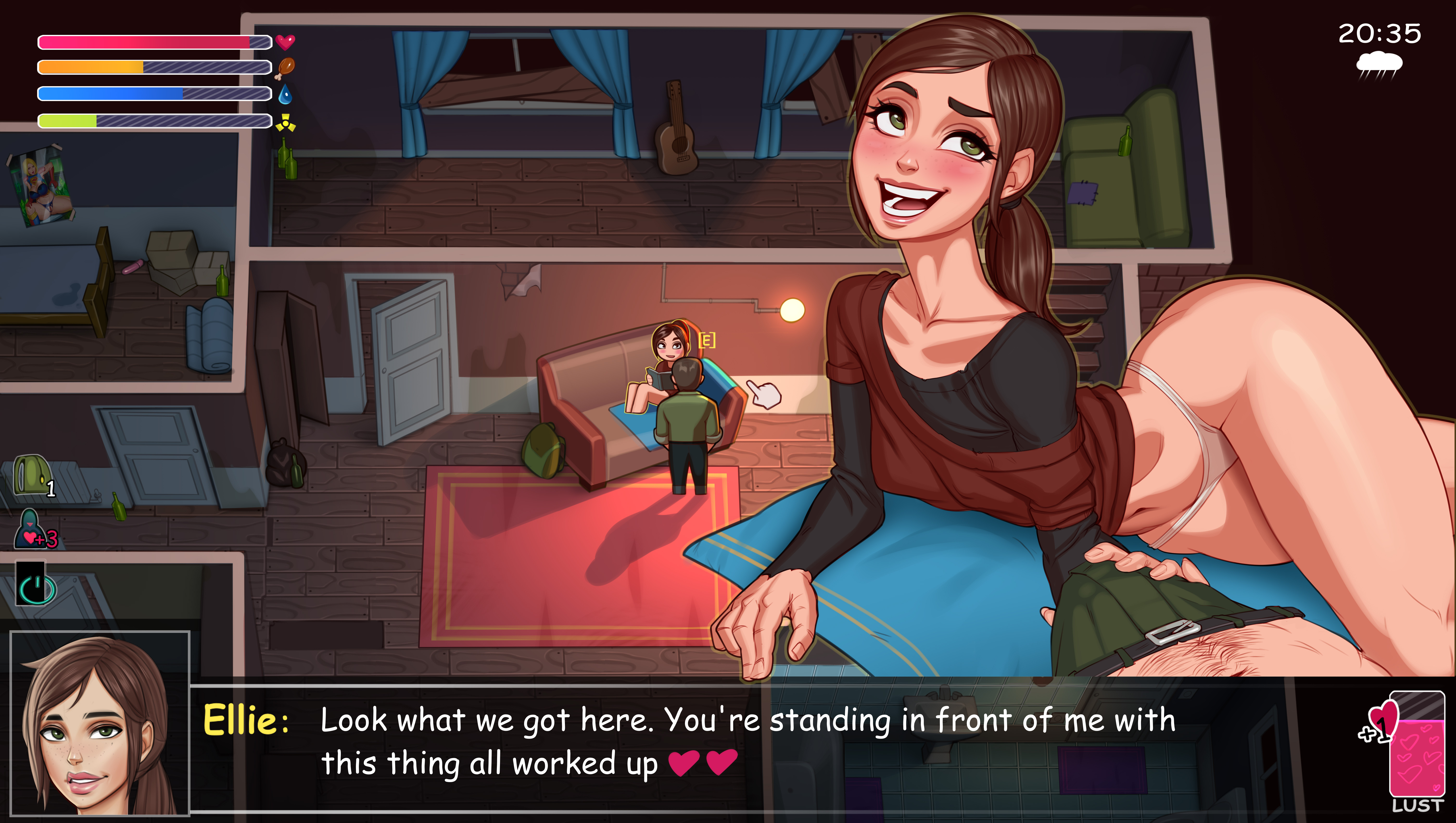 1boy, 1girls, ass, backpack, bag, belly button, blush, breasts, brown hair, bulge, clothing, cute, dialogue, ellie (the last of us), ellie williams, english text, eyebrows, female, freckles, game, green eyes, hair tie, hand on penis, hips, house, human, joel miller, legs, lips, low ponytail, male, mikiron, naughty dog, nipples, nipples visible through clothing, pale skin, panties, penis, penis bulge, ponytail, shirt, small breasts, smile, speech bubble, tagme, teeth, text, the last of us, thong