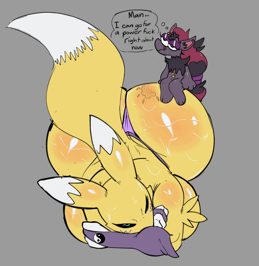 anthro, ass, ass cleavage, ass crack, bandai namco, big ass, big breasts, big butt, breasts, butt crack, canid, canine, clothing, crossover, digimon, digimon (species), dipstick tail, duo, female, fur, hi res, huge ass, huge butt, lover (coldfrontvelvet), male, mammal, multicolored tail, nintendo, pokémon (species), pokemon, pokemon (species), redmoon83, renamon, thong, underwear, video games, white body, white fur, yellow body, yellow fur, zoroark