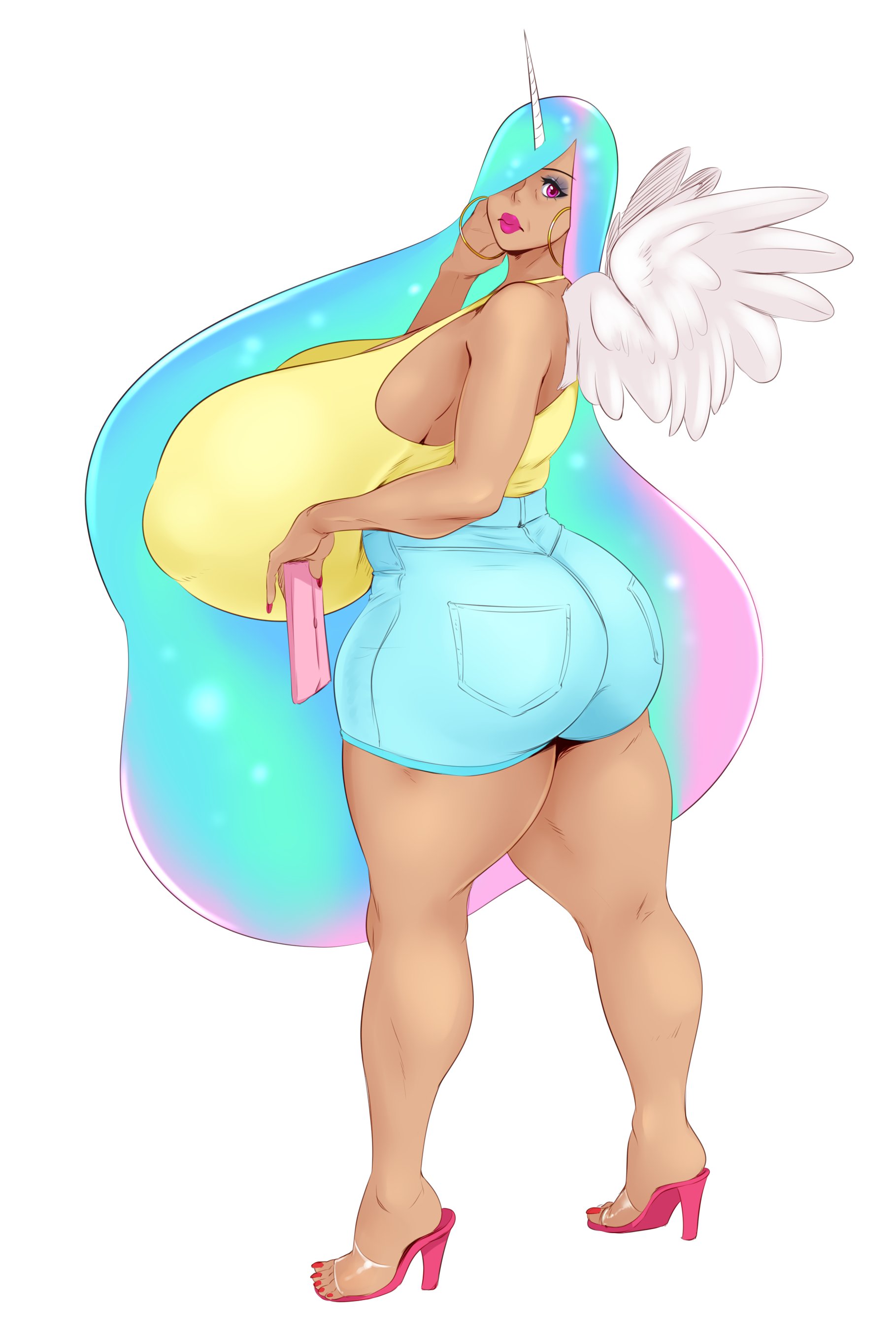 1girls, ass, big breasts, breasts, cleavage, earrings, female, female only, friendship is magic, hasbro, high heels, hoop earrings, hoop earrings oversized, huge ass, huge breasts, human, humanized, legs, lipstick, looking at viewer, looking back, mature, mature female, milf, my little pony, painted fingernails, painted nails, painted toenails, princess celestia (mlp), smooth skin, solo, sunnysundown, thick thighs, thighs, wide hips, wings