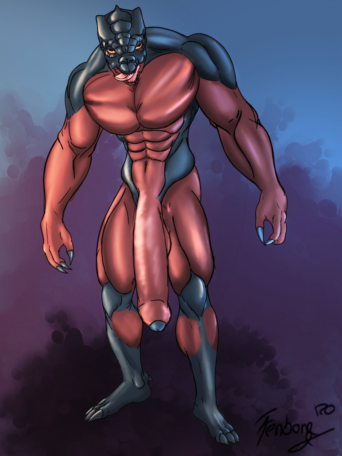 3:4 3_toes abs balls biceps big_pecs big_penis black_body black_scales black_skin claws dark_skin feet fenrir_osbone foreskin genitals hi_res huge_cock humanoid long_penis looking_up male male_only multicolored_body multicolored_scales multicolored_skin muscular muscular_humanoid muscular_legs muscular_male muscular_thighs navel nude open_mouth pecs penis penis_to_the_knees red_body red_scales red_skin scales scalie signature simple_background solo star_wars teeth thick_thighs toes tongue trandoshan uncut yellow_eyes