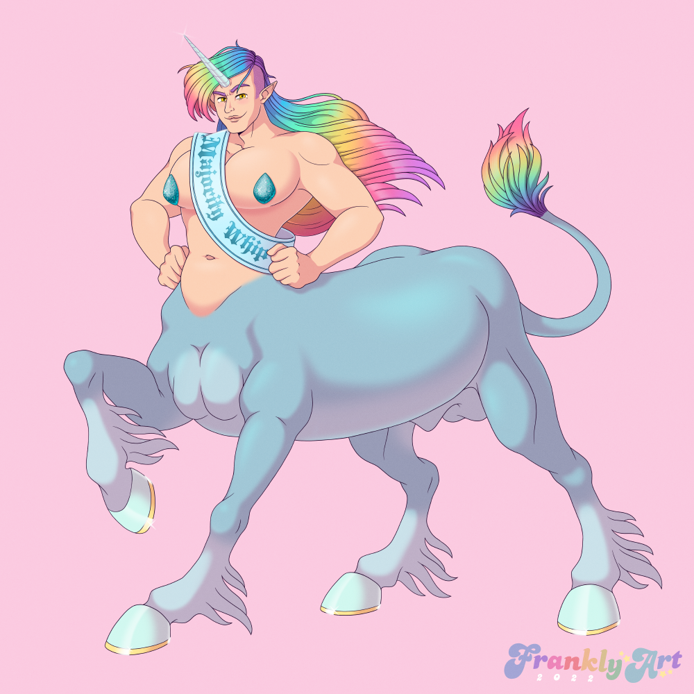 balls centaur equid equid_taur equine fetlocks frankly-art genitals gold_horseshoe hair hands_on_hips hooves horn humanoid humanoid_taur male mammal mammal_taur multicolored_hair multicolored_tail muscular muscular_male navel pasties pecs pink_background rainbow rainbow_hair rainbow_tail rainbow_tail_tuft sash simple_background slightly_chubby smile solo taur unicorn unicorn_horn unicorn_taur