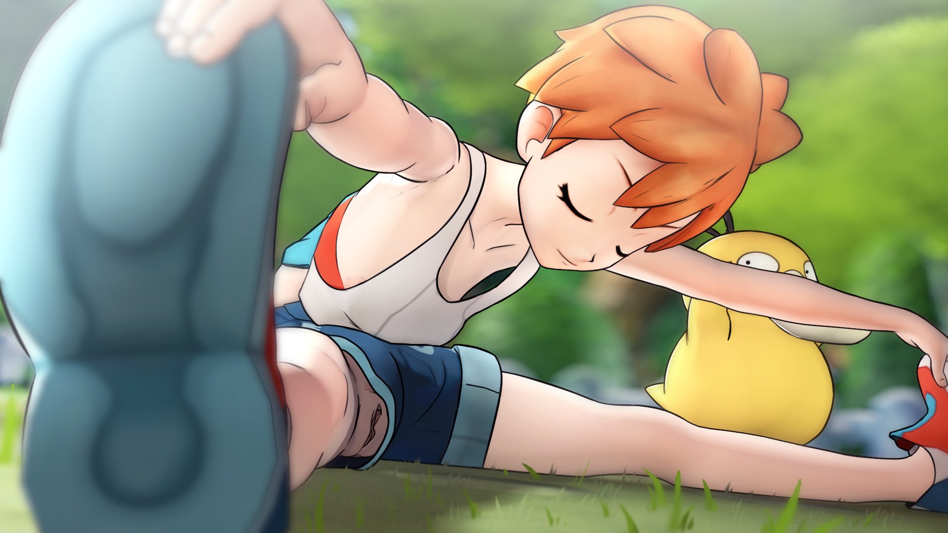 1girls, 3d, accidental exposure, blurry background, breasts, closed eyes, clothing, female, female only, greatm8, human, kasumi (pokemon), misty (pokemon), nintendo, no bra, no panties, oblivious, orange hair, orange-haired female, pokemon, pokemon rgby, psyduck, pussy, pussy slip, short hair, shorts, source filmmaker, spread legs, stretching, tank top, upshorts, wide hips