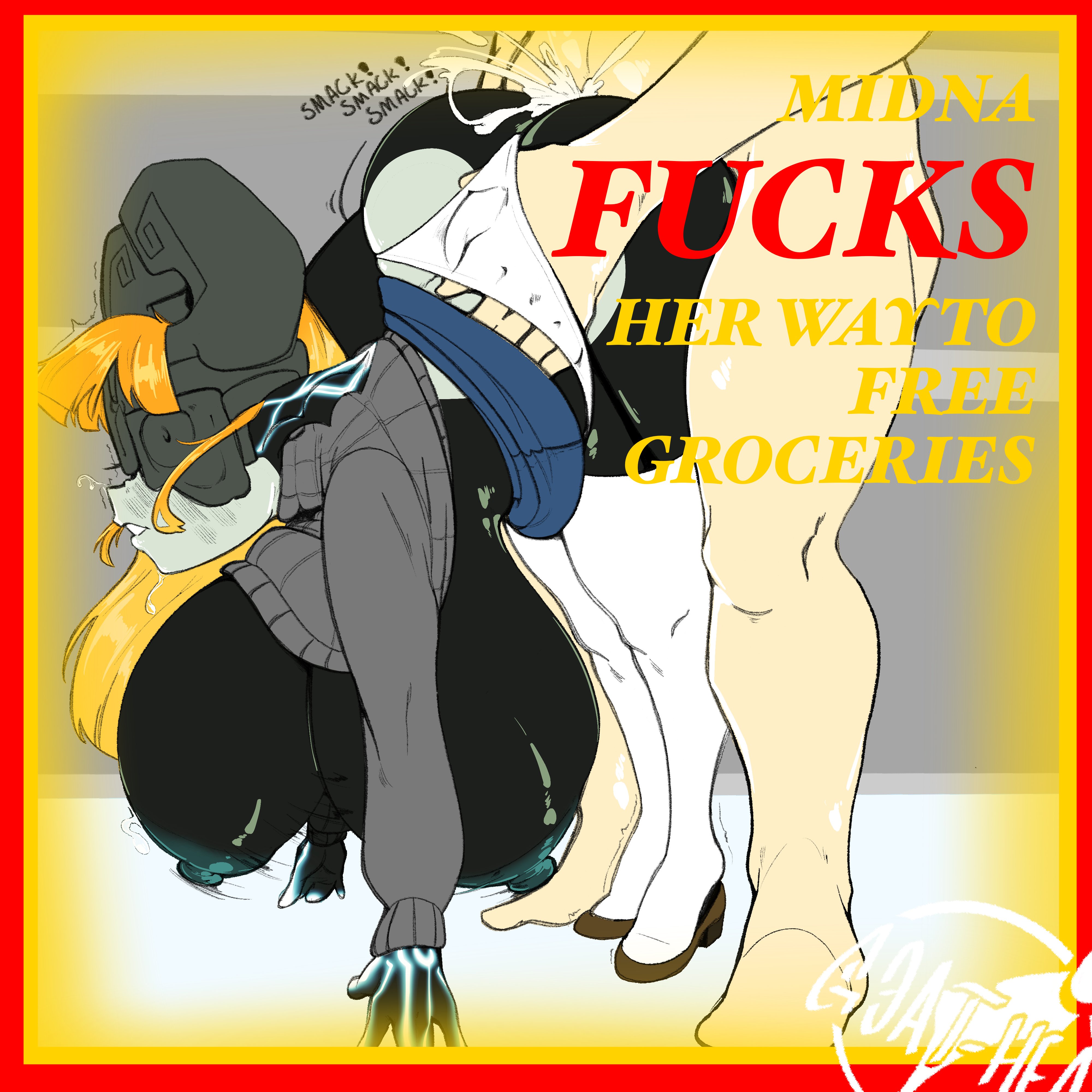 1boy, 1girls, alternate breast size, bangs, big breasts, breasts, busty, dark skin, dark-skinned female, english text, female, female focus, goat-head (artist), hourglass figure, huge breasts, hyper breasts, imp midna, large breasts, long hair, male, midna, nintendo, orange hair, overflowing breasts, public, red eyes, sex, shortstack, skimpy, skimpy clothes, text, the legend of zelda, twilight princess, wide hips